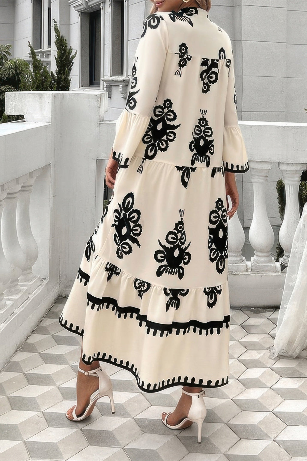 V Neck Stand Collar Button Floral Splicing Dress