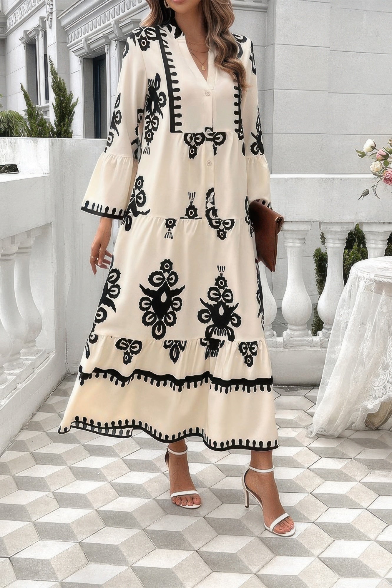 V Neck Stand Collar Button Floral Splicing Dress