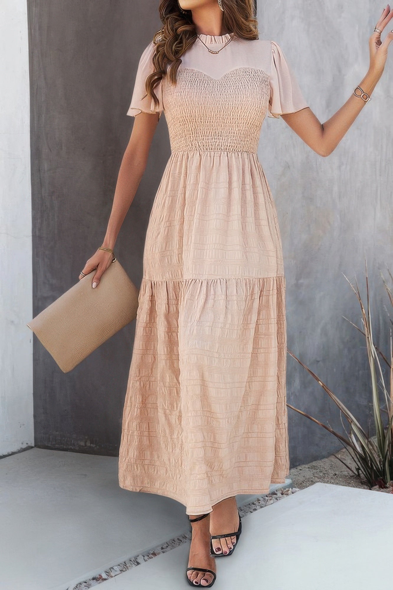 Ruffle Sleeve And Hem Top Shirred Crew Neck Dress