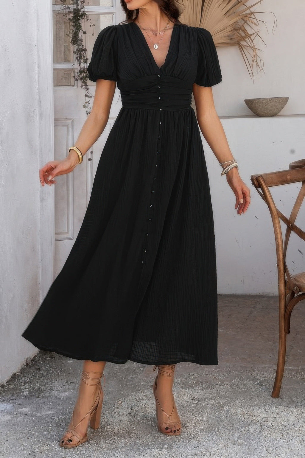 Solid V Neck Puff Sleeves Solid Knot Detail Dress