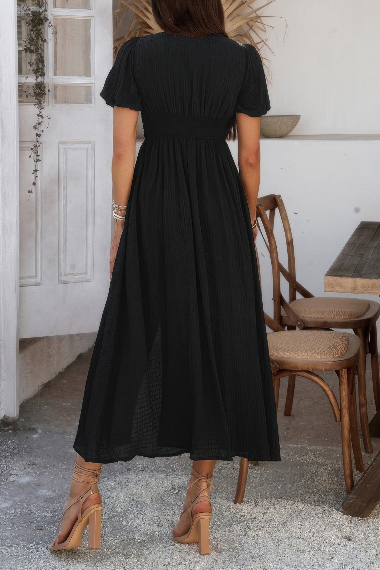 Solid V Neck Puff Sleeves Solid Knot Detail Dress