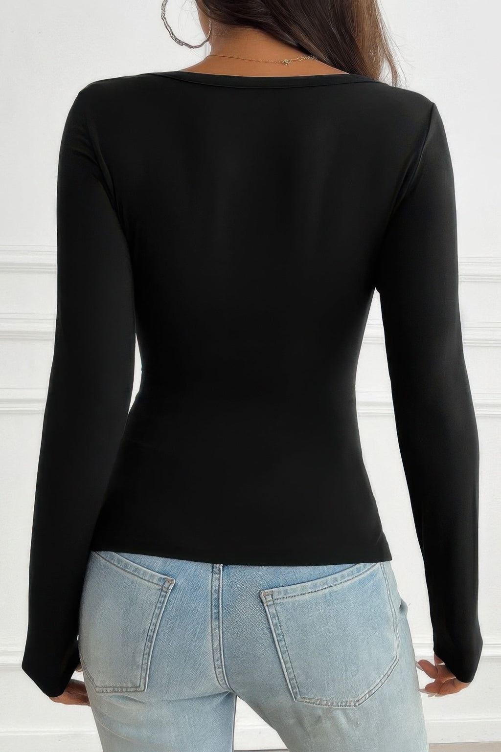 Solid Slim Fit V Neck Long Sleeve T Shirt