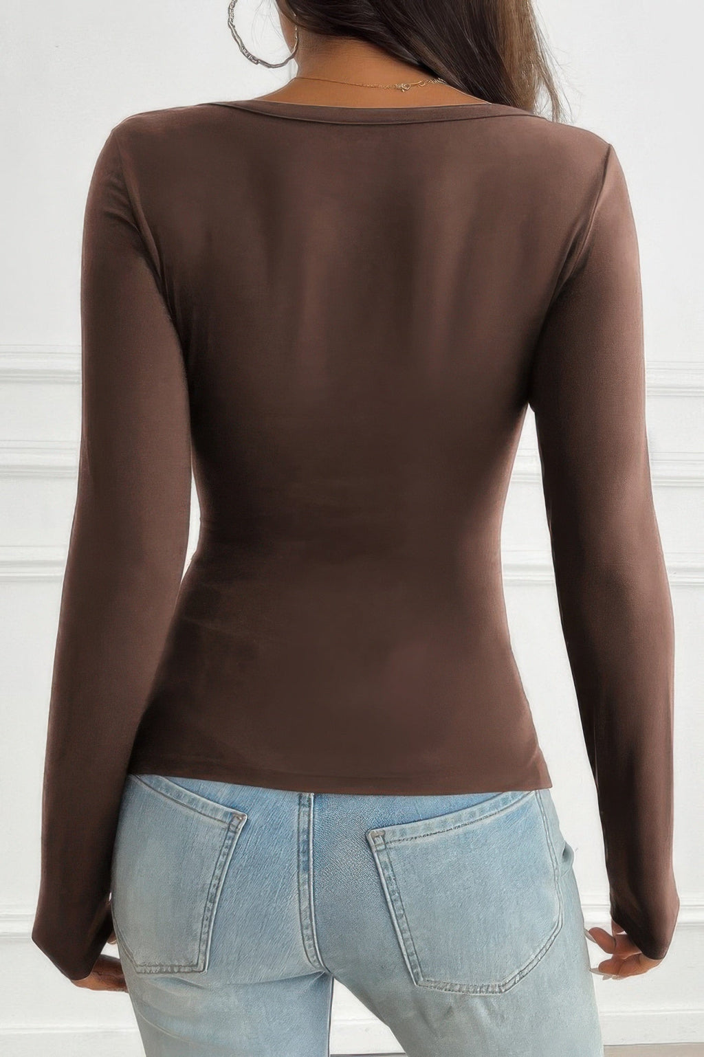 Solid Slim Fit V Neck Long Sleeve T Shirt