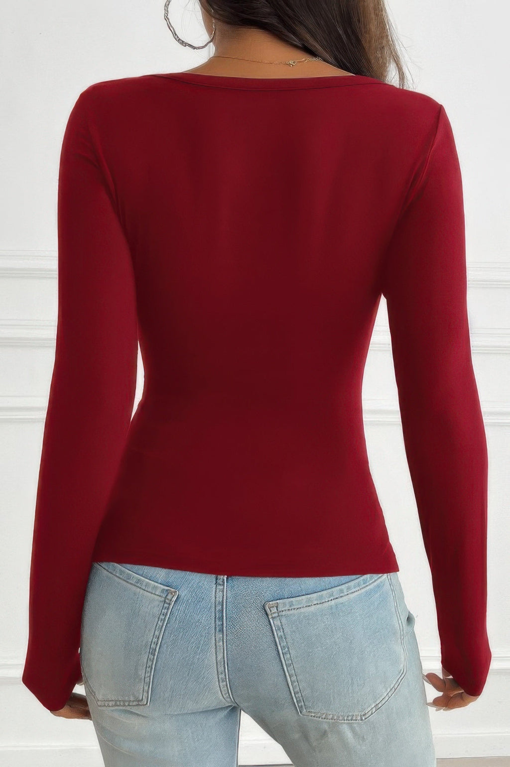 Solid Slim Fit V Neck Long Sleeve T Shirt