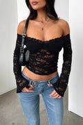 Off Shoulder Fitted Sheer Lace Long Sleeve Top