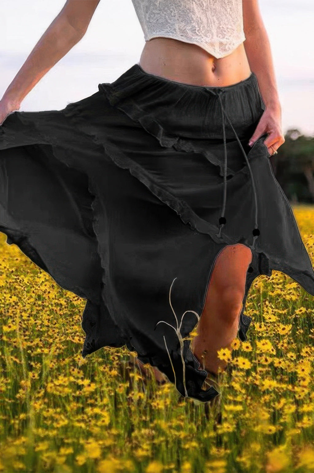 Solid Ruffle Drawstring Waist Asymmetry Hem Skirt