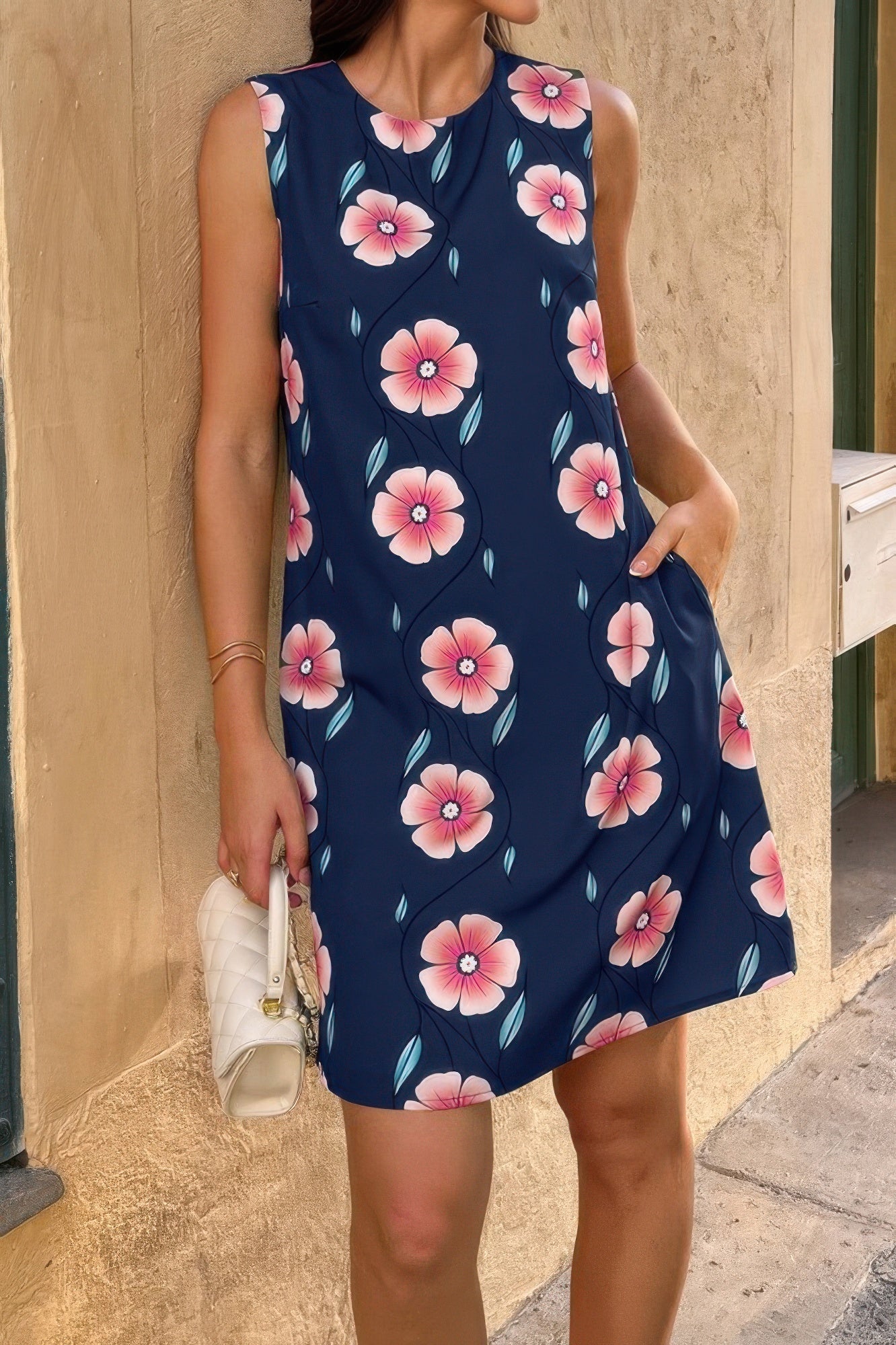 Round Neck Floral Print Sleeveless Loose Dress