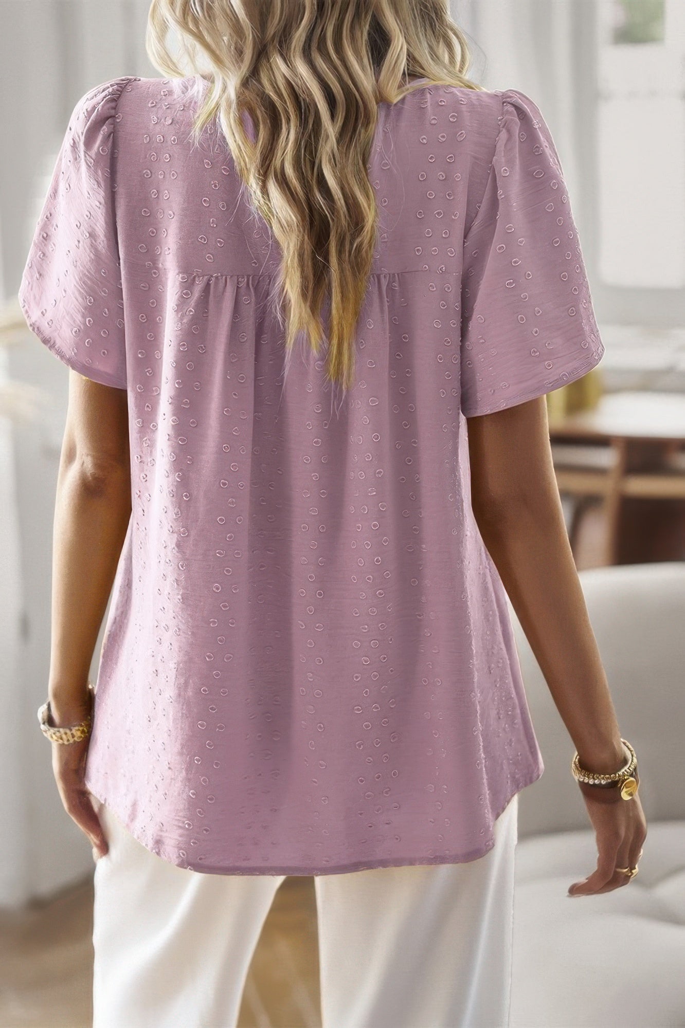 Loose Fit Dot Solid Lace Round Neck Top