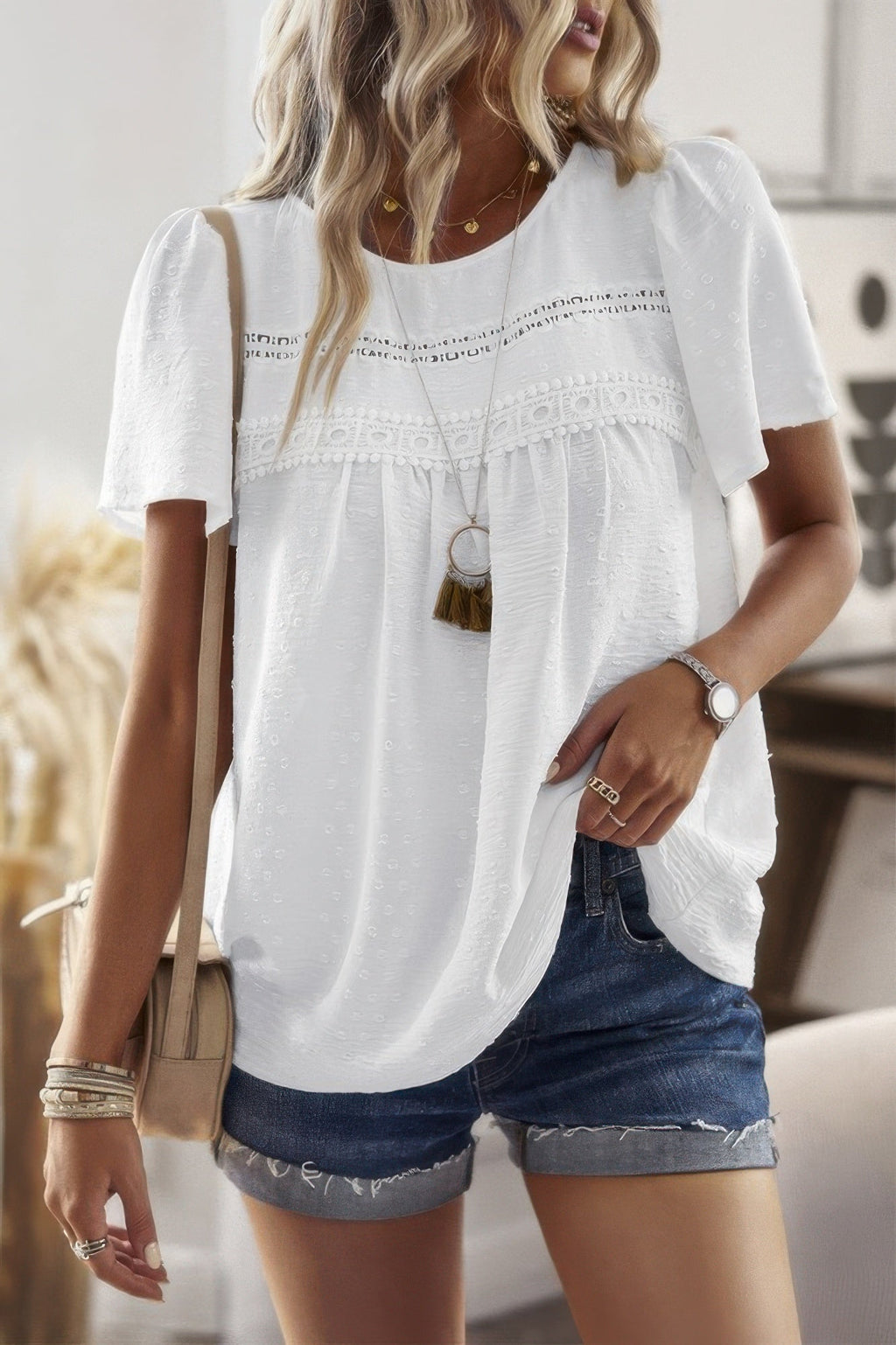 Loose Fit Dot Solid Lace Round Neck Top