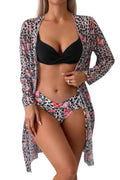 Leopard Print Bikini Kimono Three Pieces Swimsuit