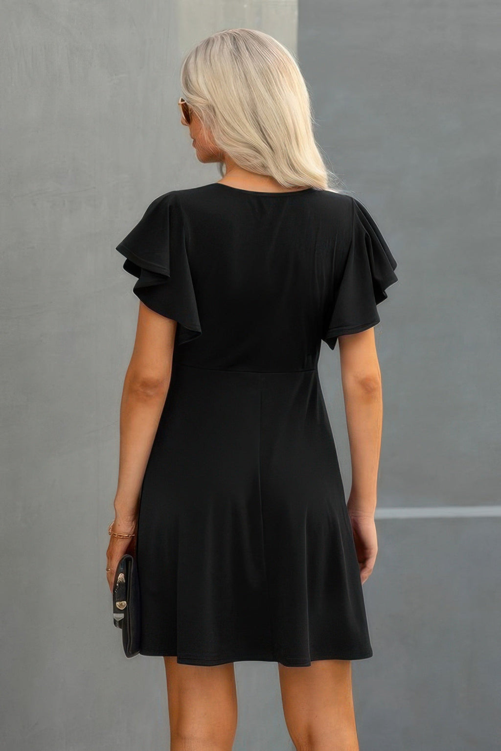 Crew Neck Ruffled Short Sleeve Solid Dress
