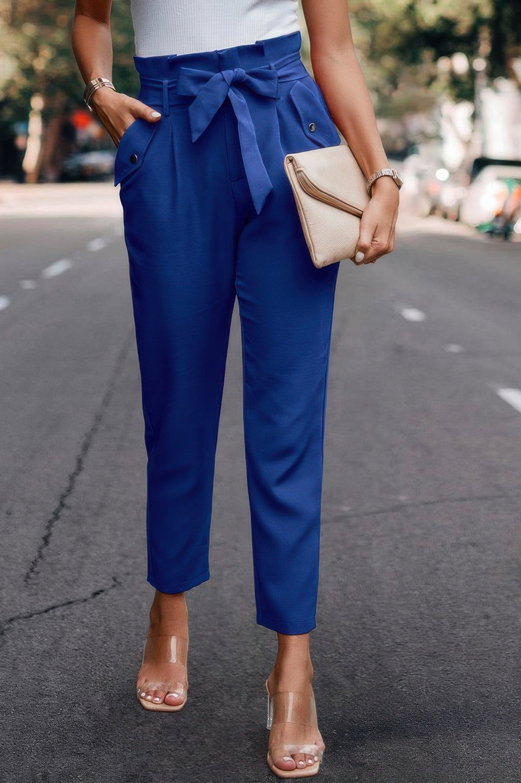 Ruffle Belt Pocket Solid Skinny Pants