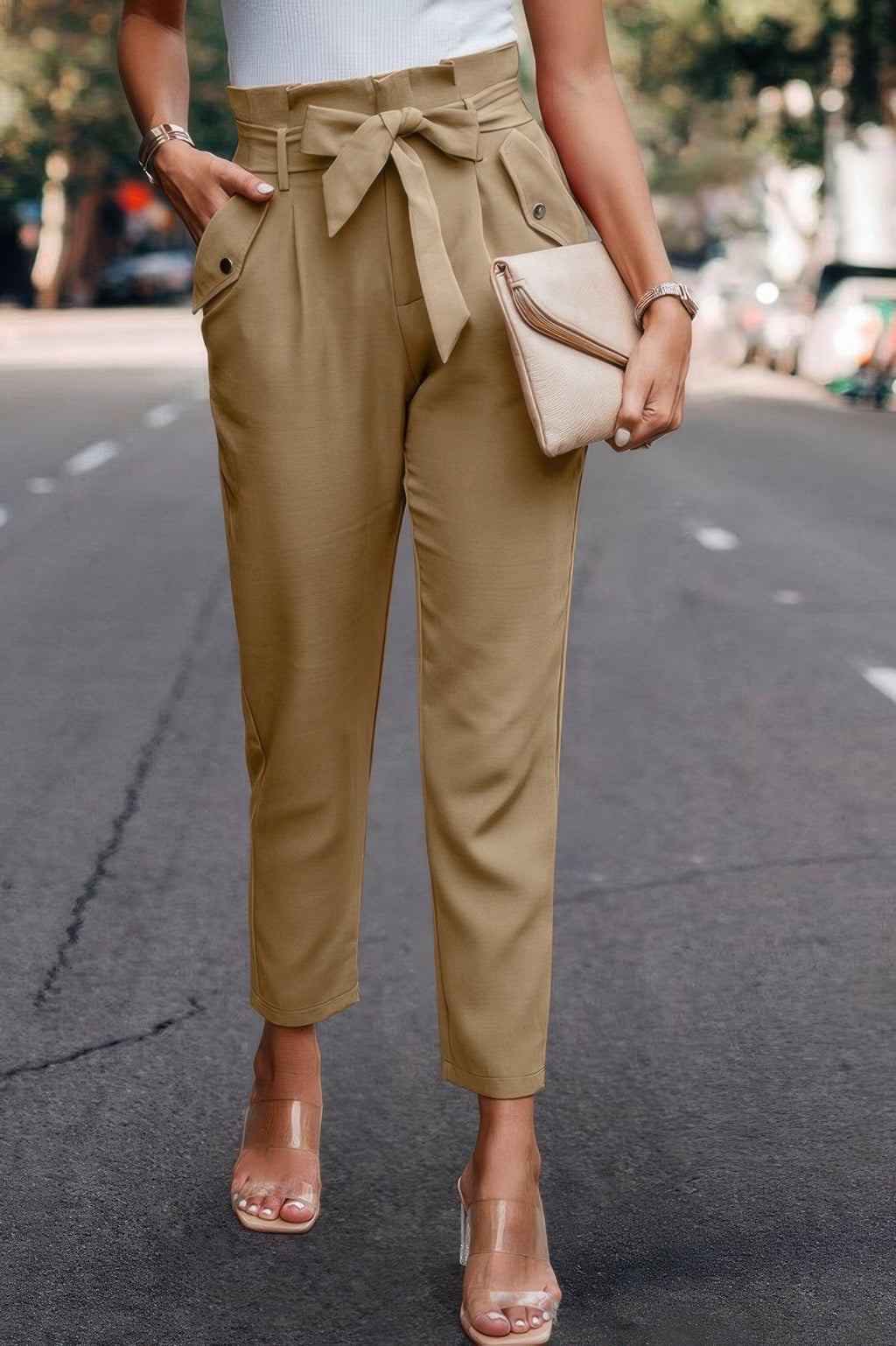 Ruffle Belt Pocket Solid Skinny Pants