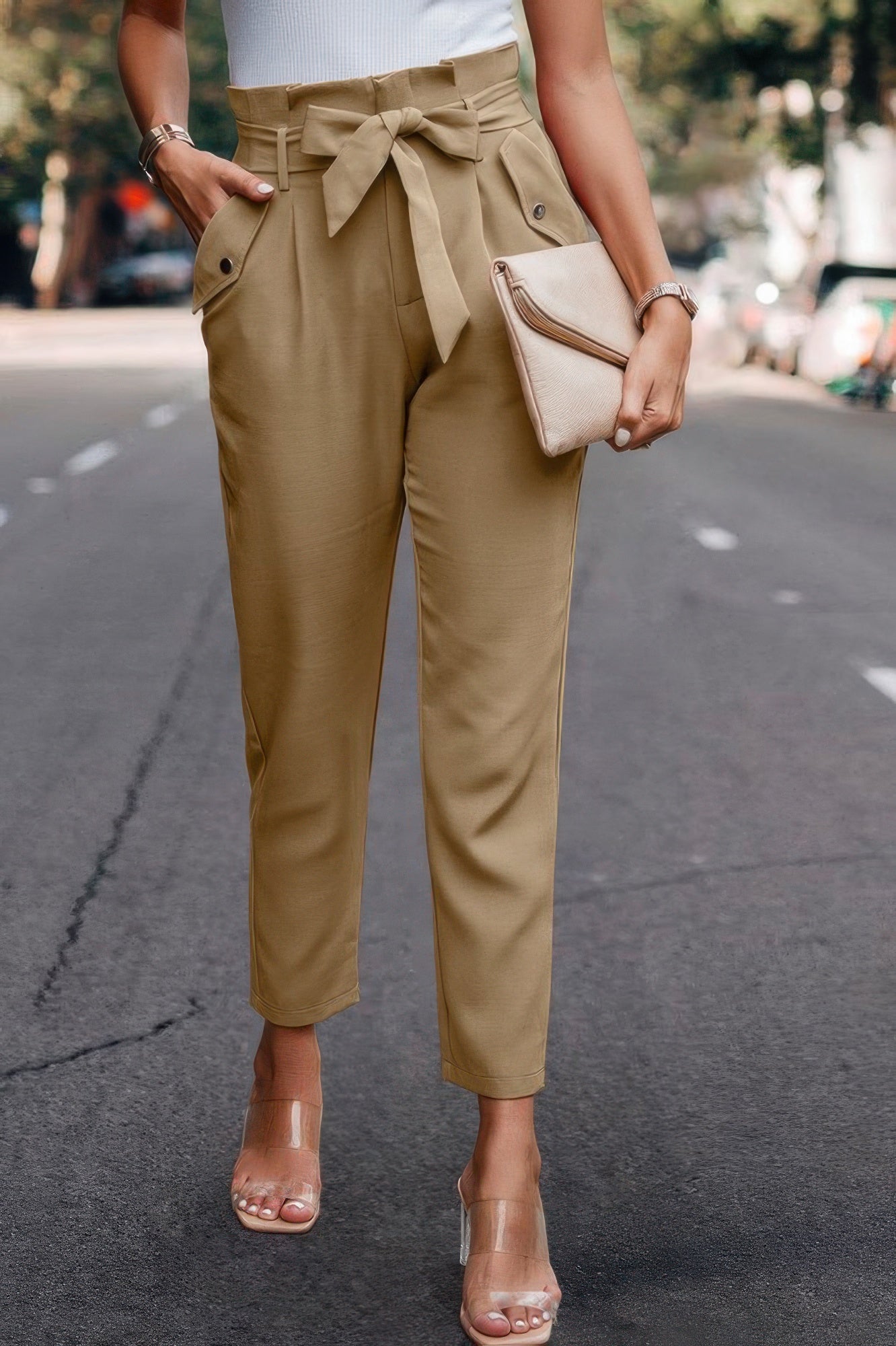 Ruffle Belt Pocket Solid Skinny Pants