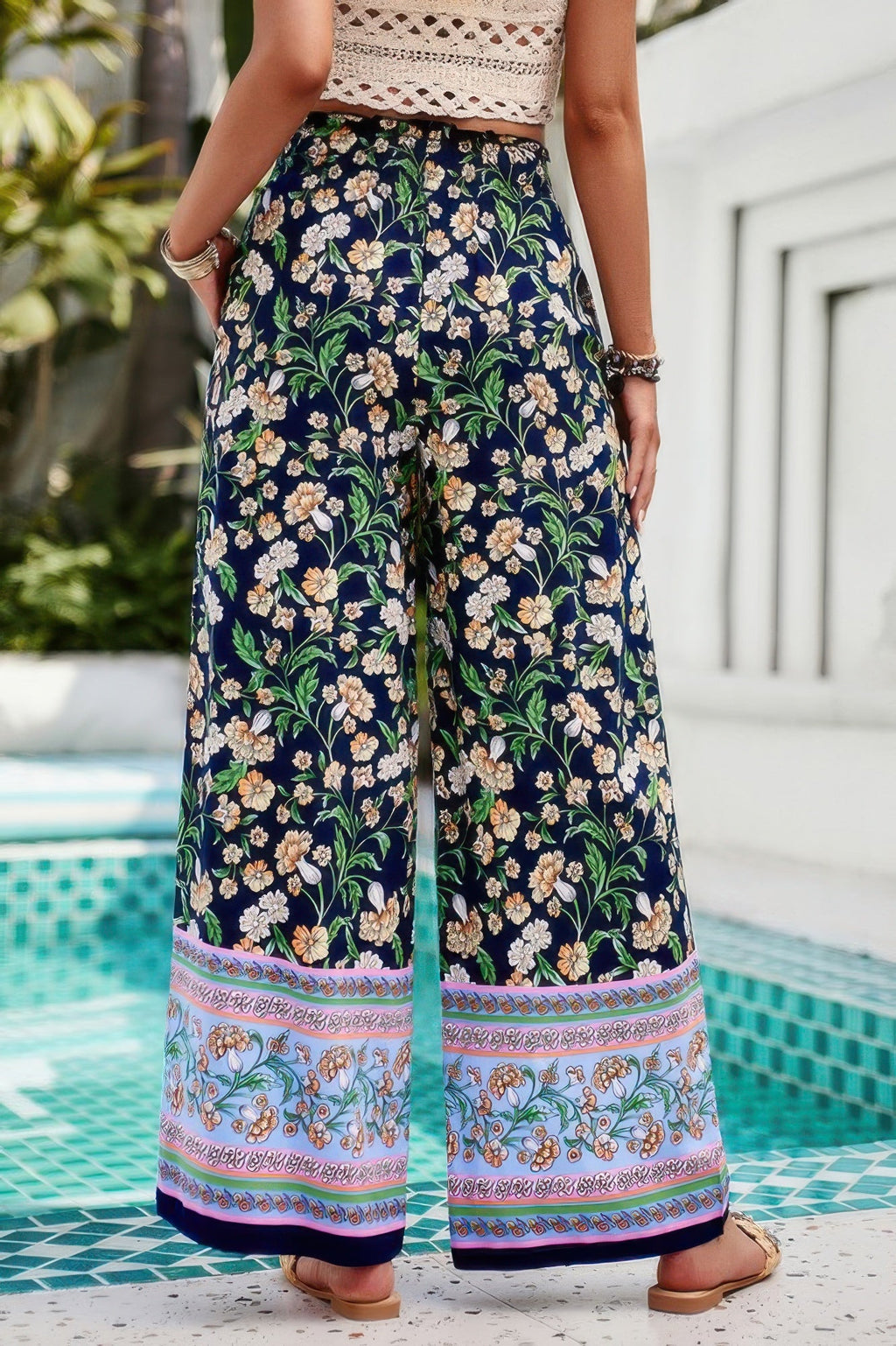 Floral Print Wide Stright Leg Pockets Elastic Pant