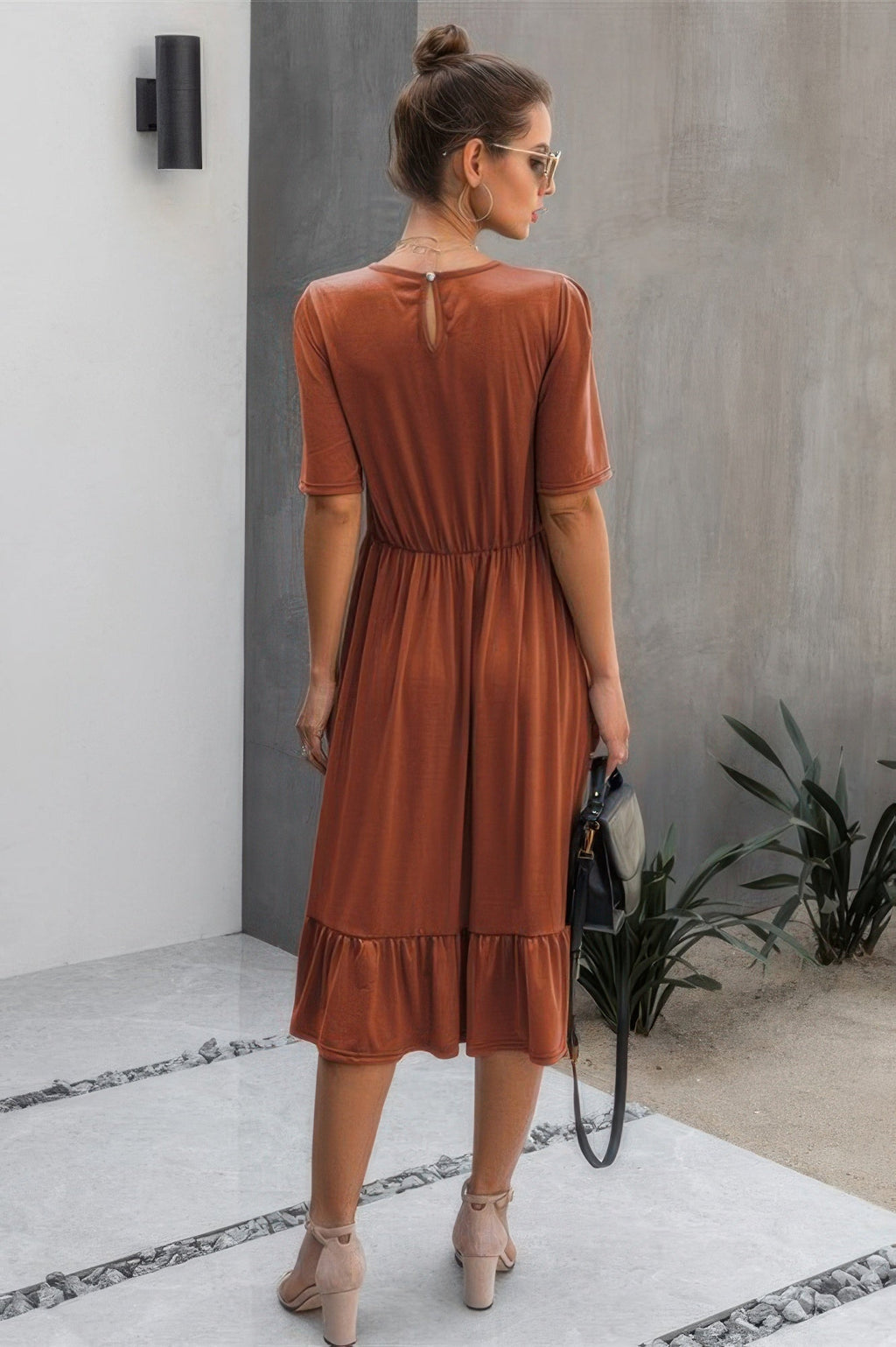 Round Neck Lace Detail Ruffle Hem Midi Dress