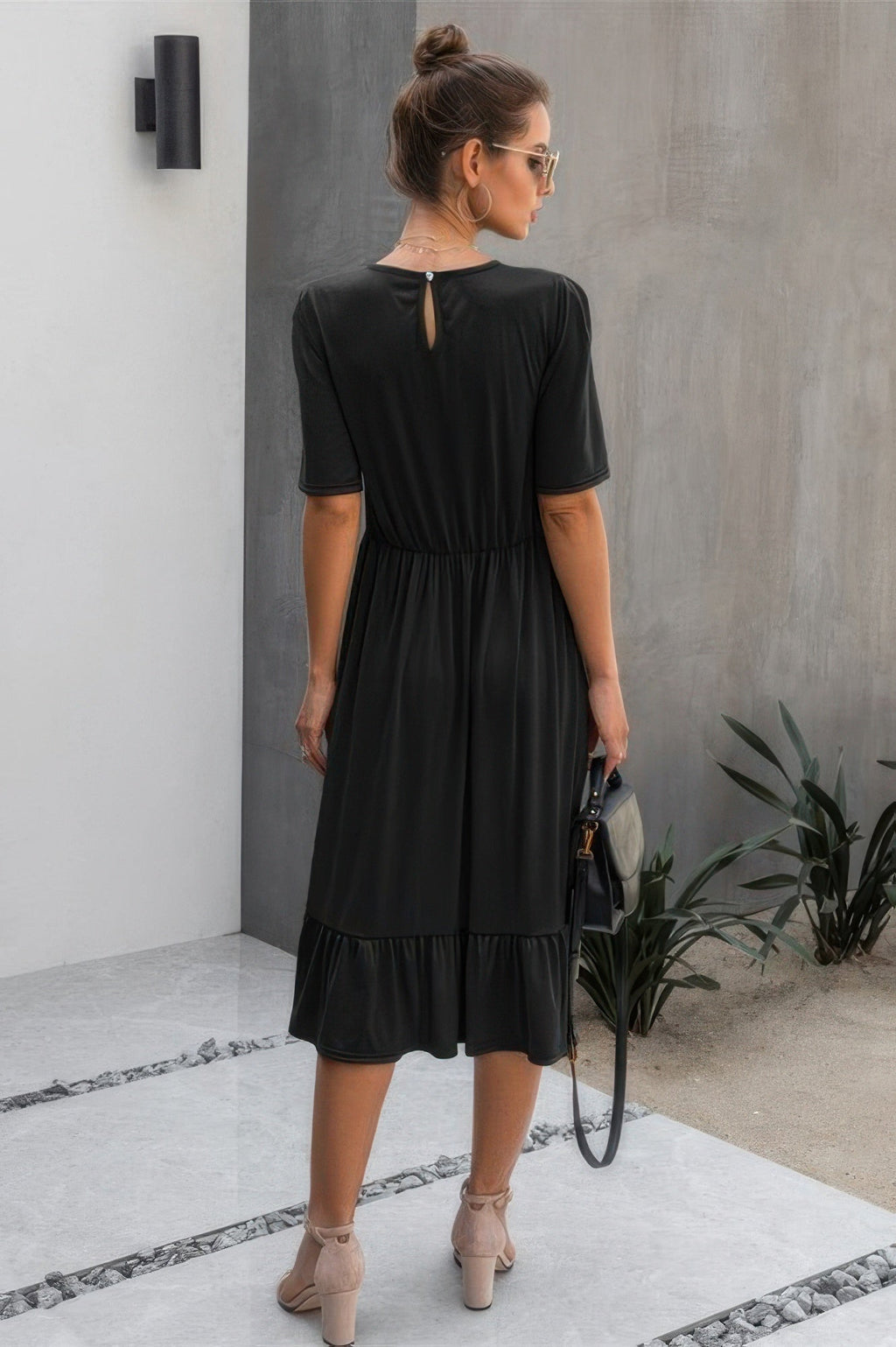 Round Neck Lace Detail Ruffle Hem Midi Dress