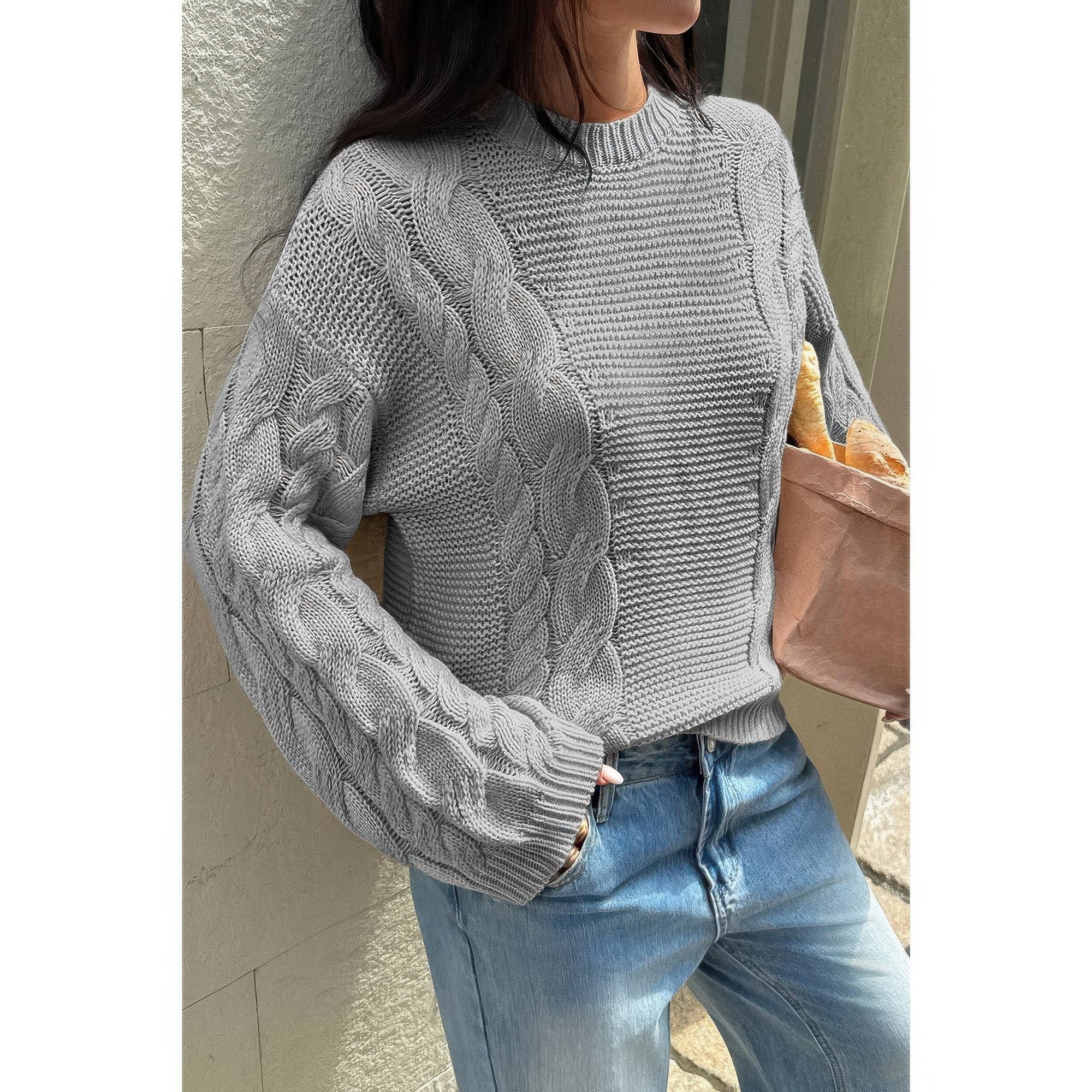 Solid Round Neck Cable Knit Pullover Sweater