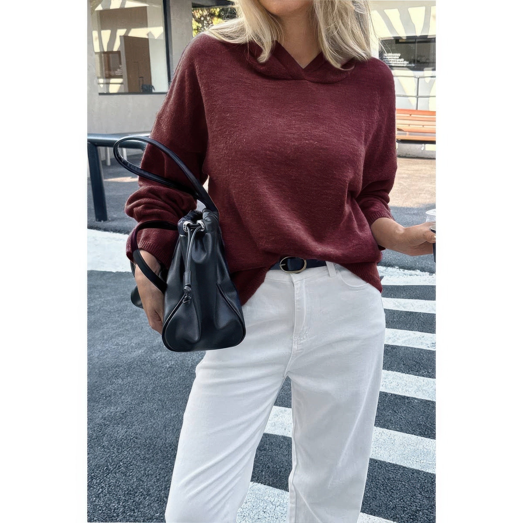 Solid Knit Long Sleeve Loose Hooded Sweater