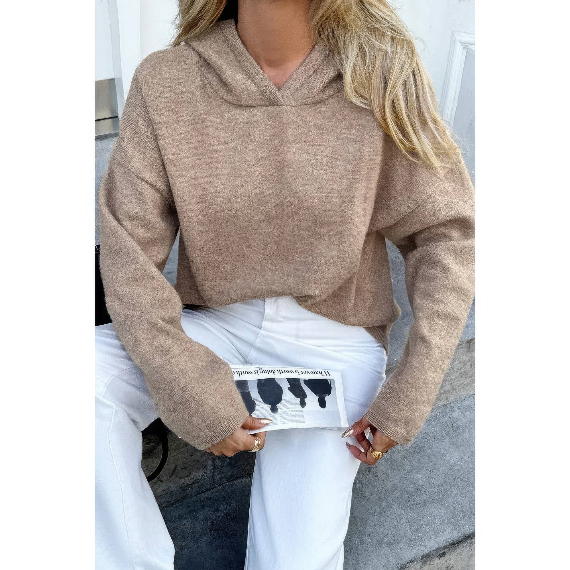 Solid Knit Long Sleeve Loose Hooded Sweater