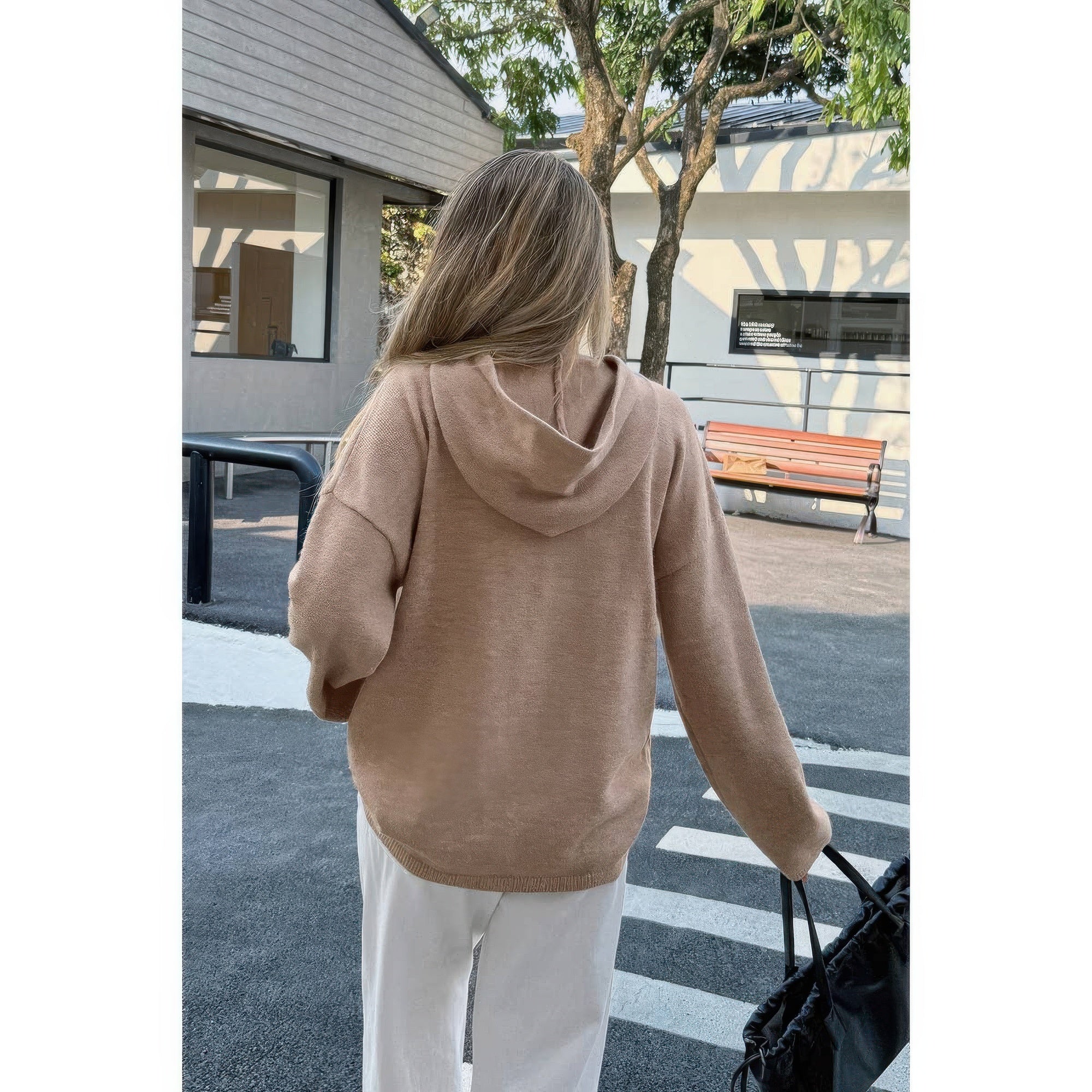 Solid Knit Long Sleeve Loose Hooded Sweater