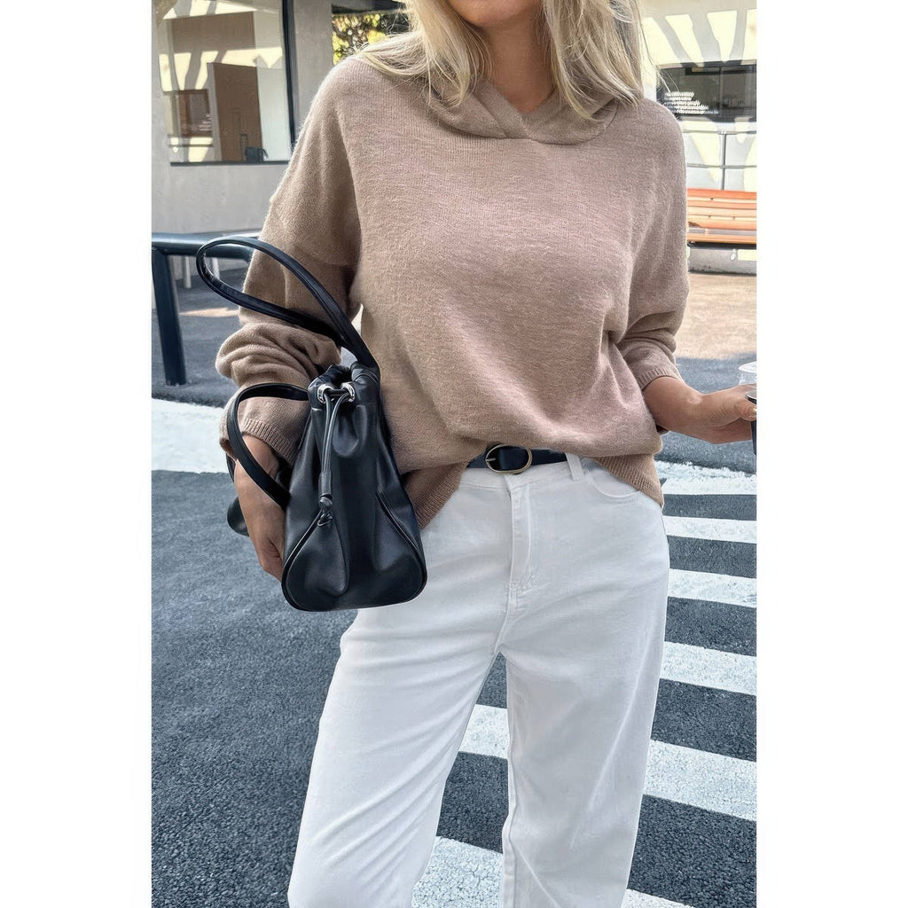 Solid Knit Long Sleeve Loose Hooded Sweater