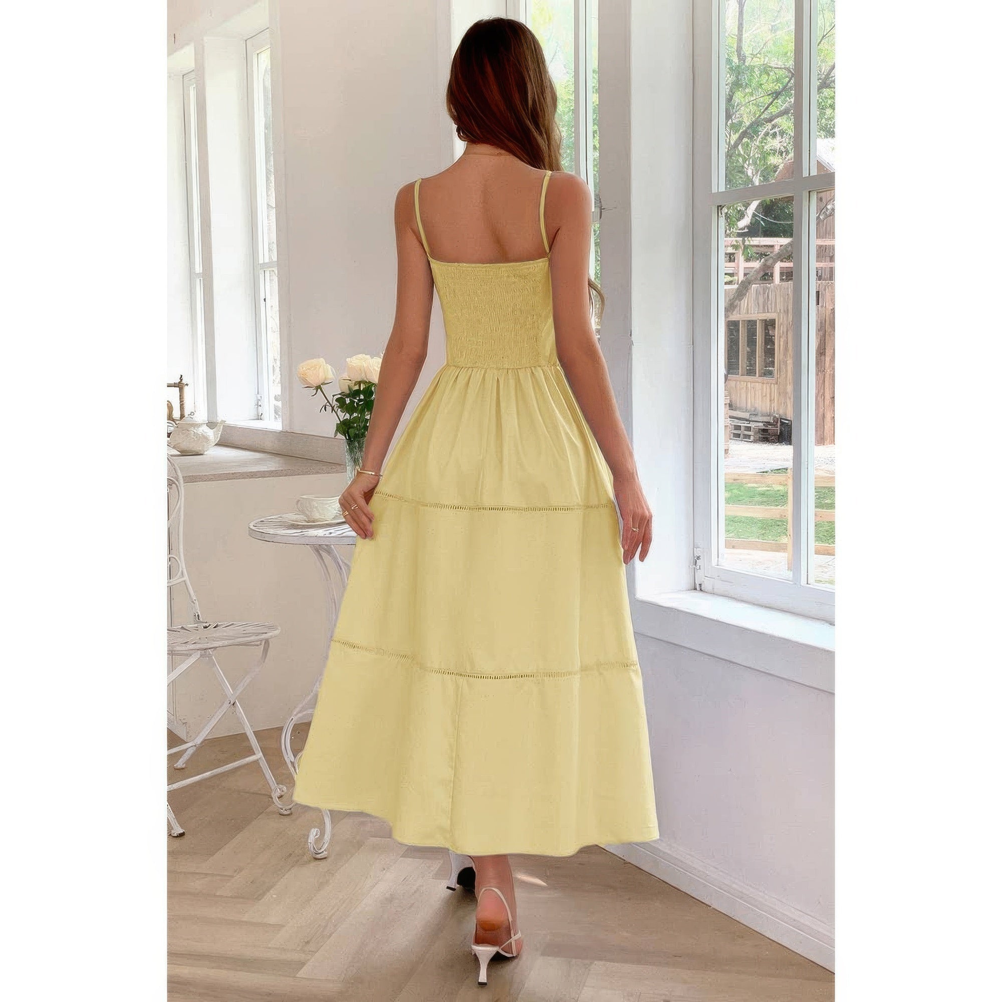 Solid Button Decor Pintuck Eyelet Shirred Dress