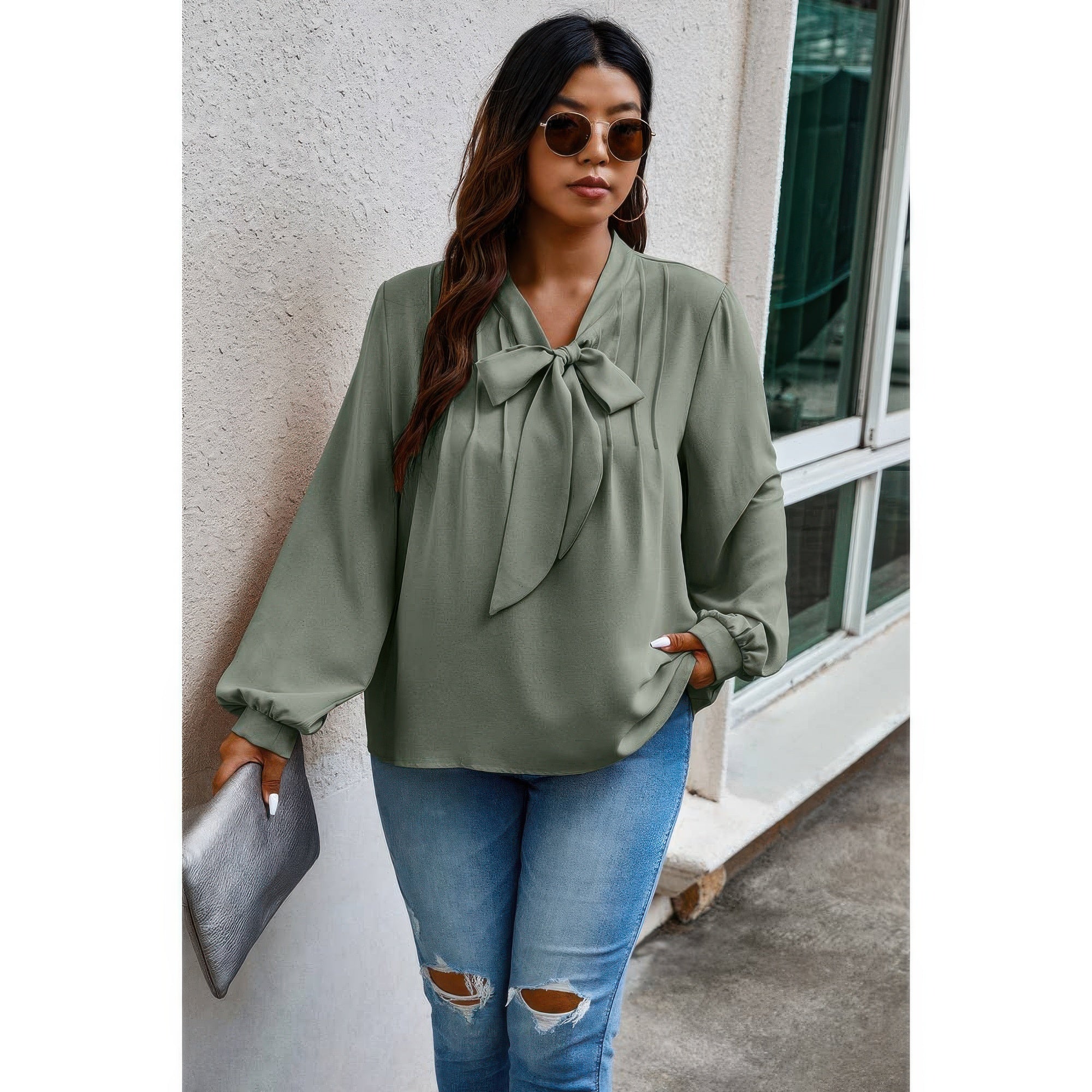 Plus Size Solid Ruched Knot Loose Fit Top