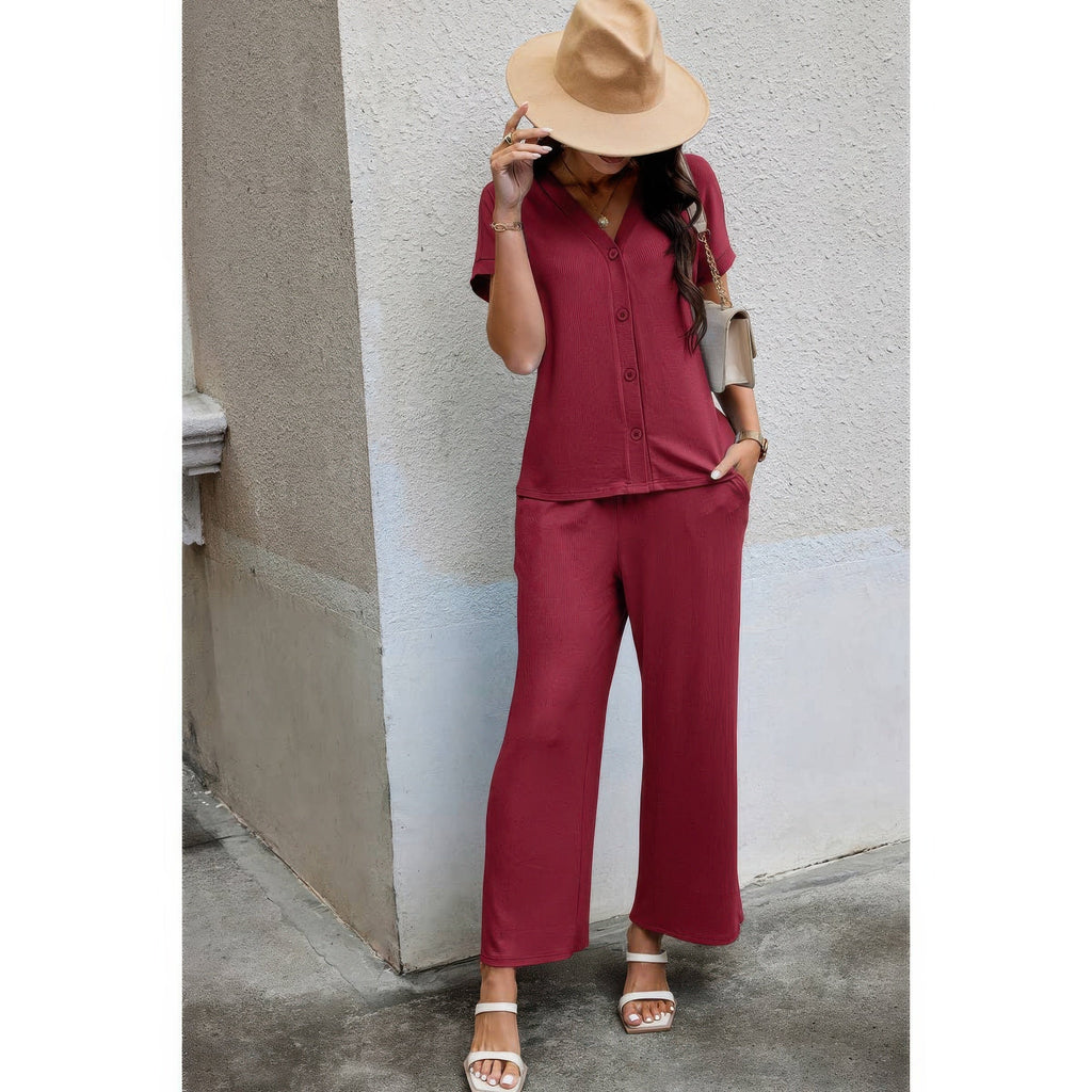 Solid Knit Pockets Button Up Two Pieces V Neck Set