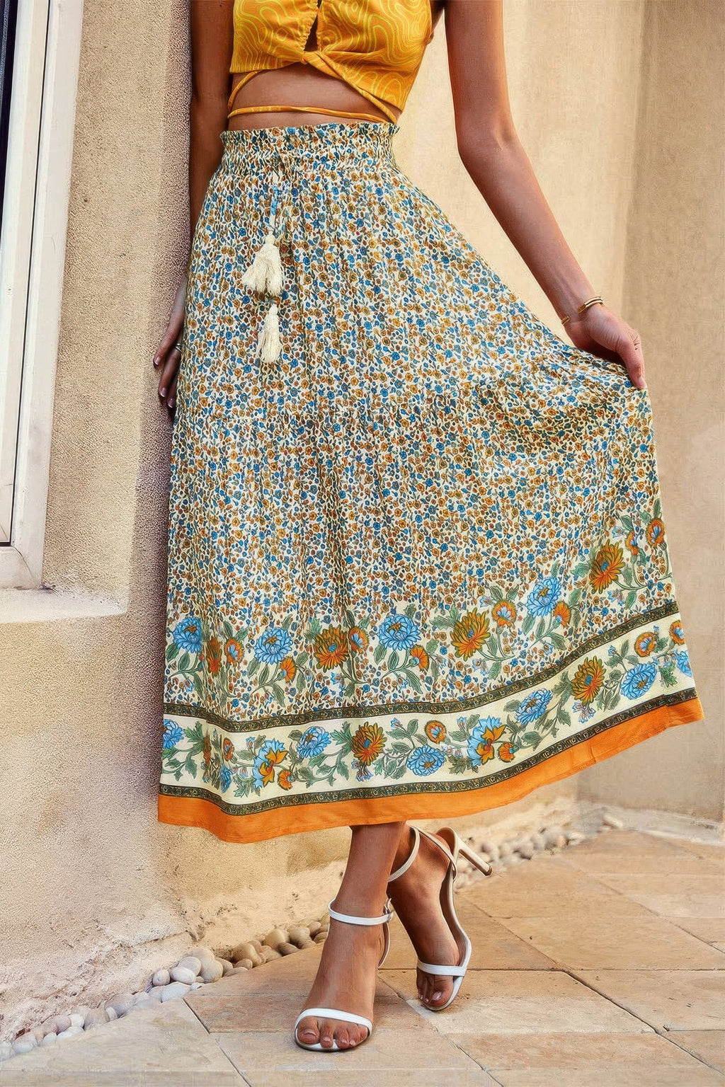 Drawstring Floral Ruffled Maxi Skirt