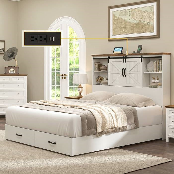 Full White Farmhouse Platform Bed with Bookcase Headboard and Storage Drawers