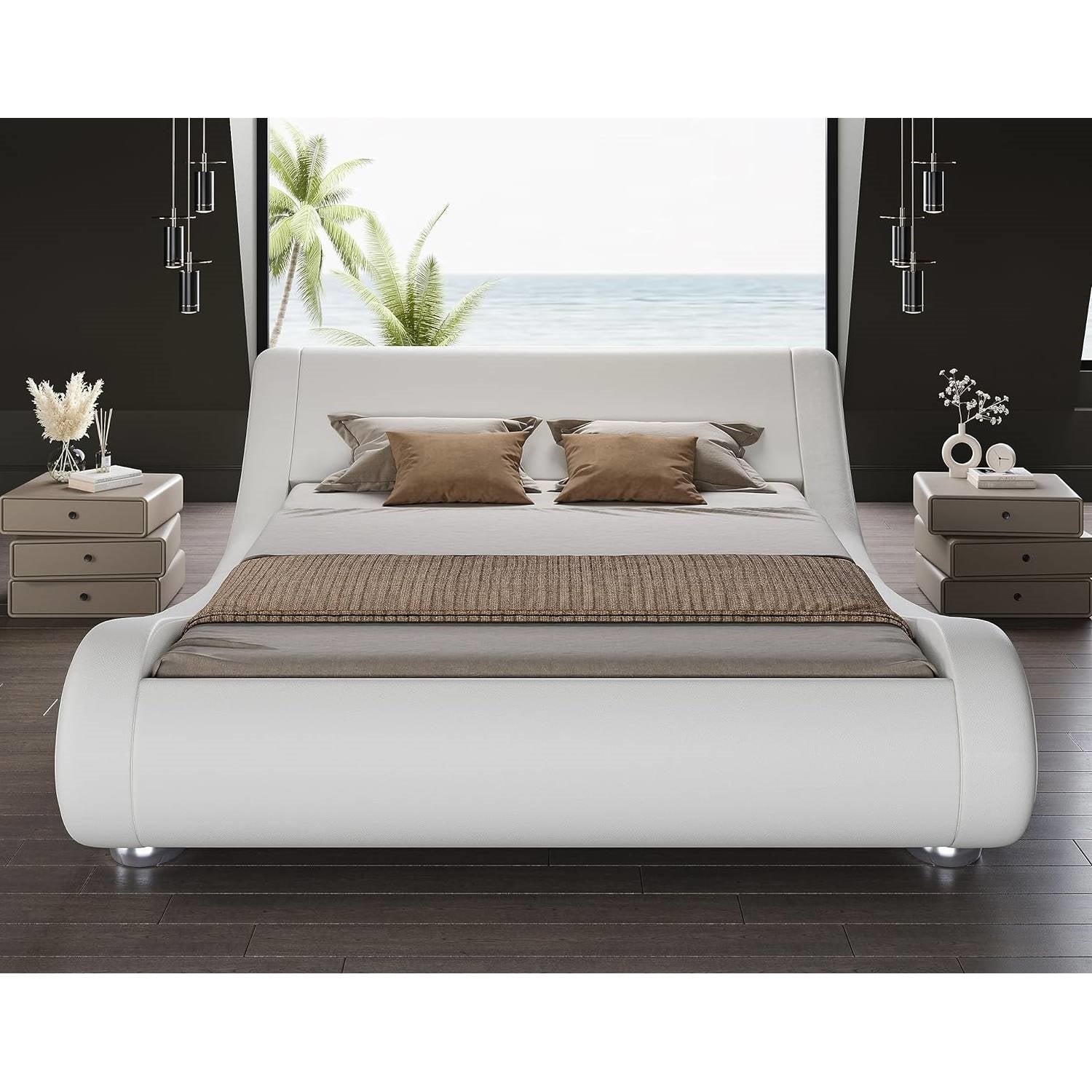 Queen Modern White Upholstered Platform Bed Frame with Sleigh Curved Headboard