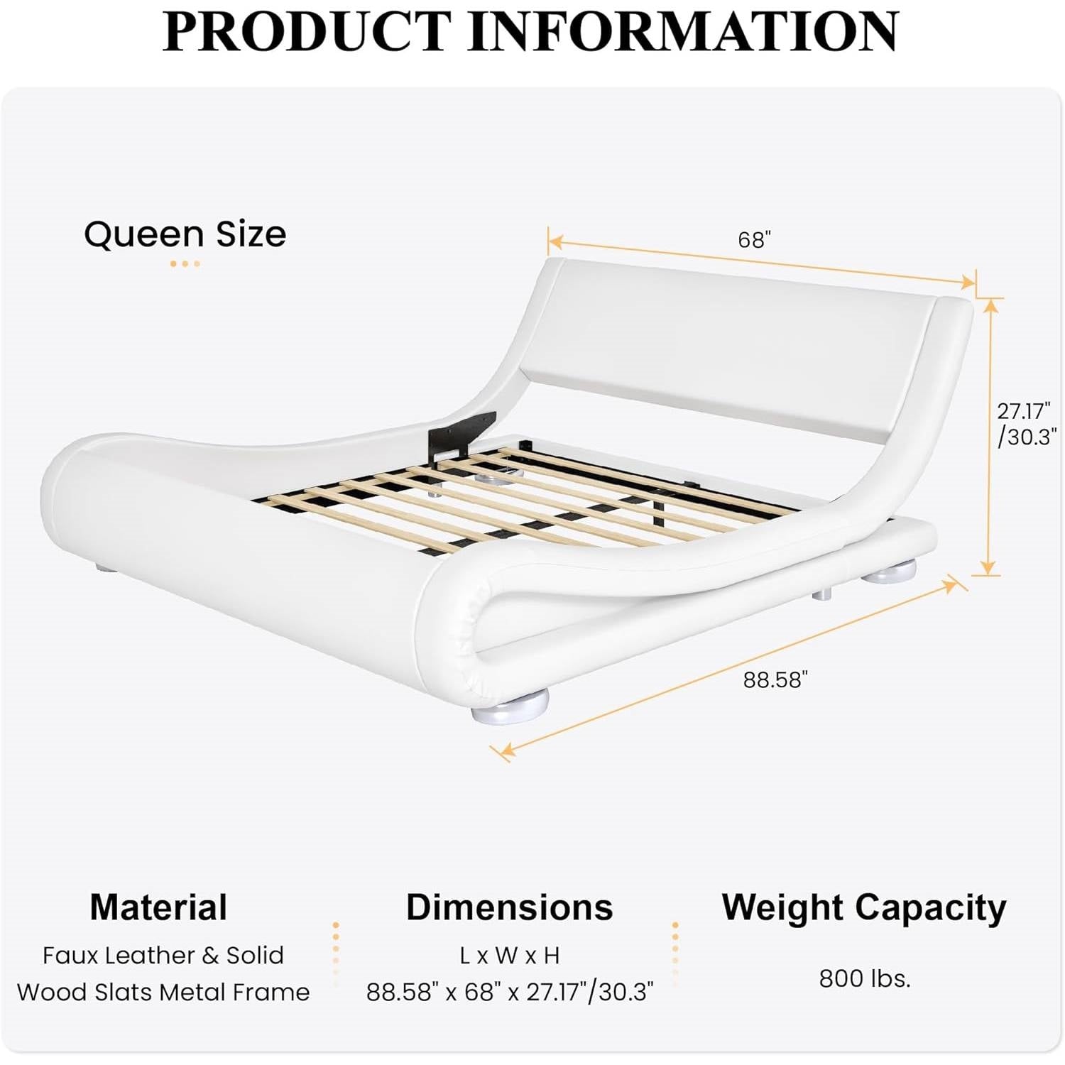 Queen Modern White Upholstered Platform Bed Frame with Sleigh Curved Headboard
