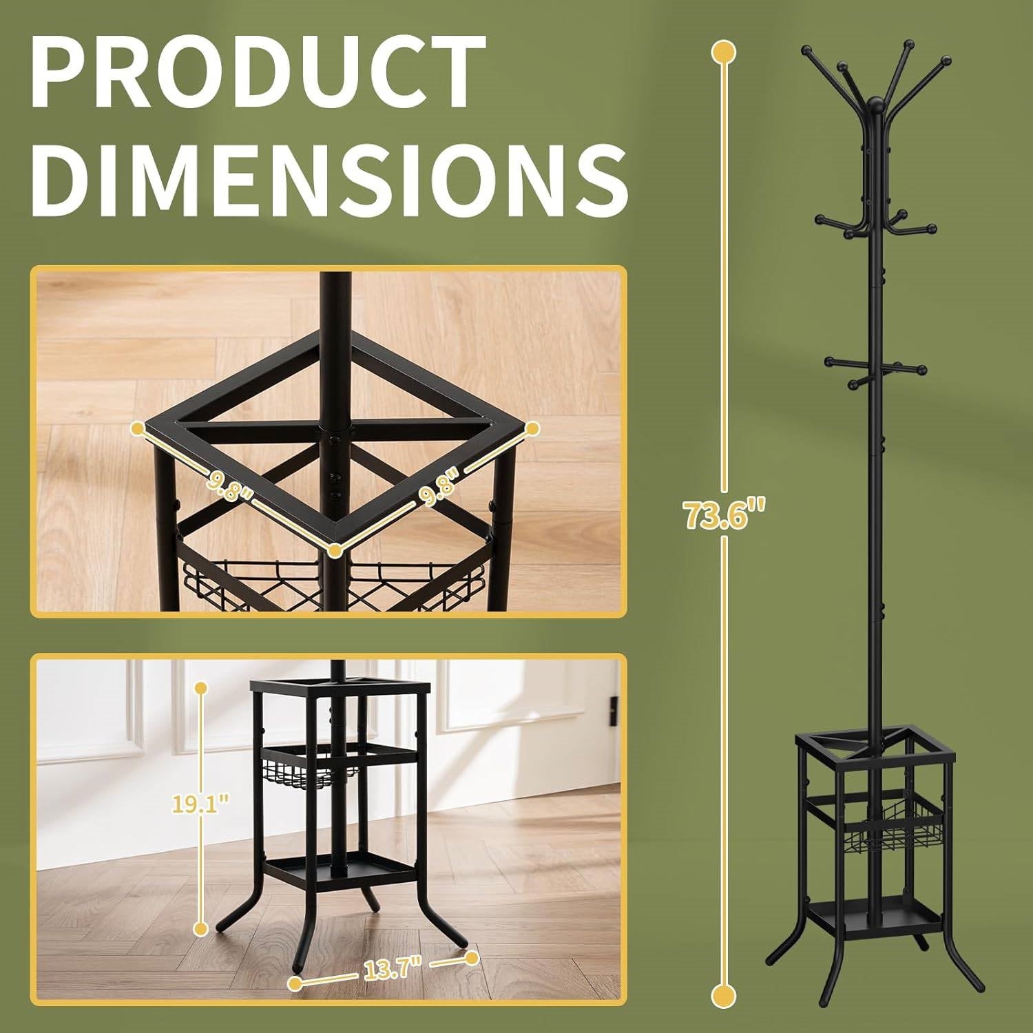 Black Metal Coat Rack Entryway Hall Tree with Umbrella Holder