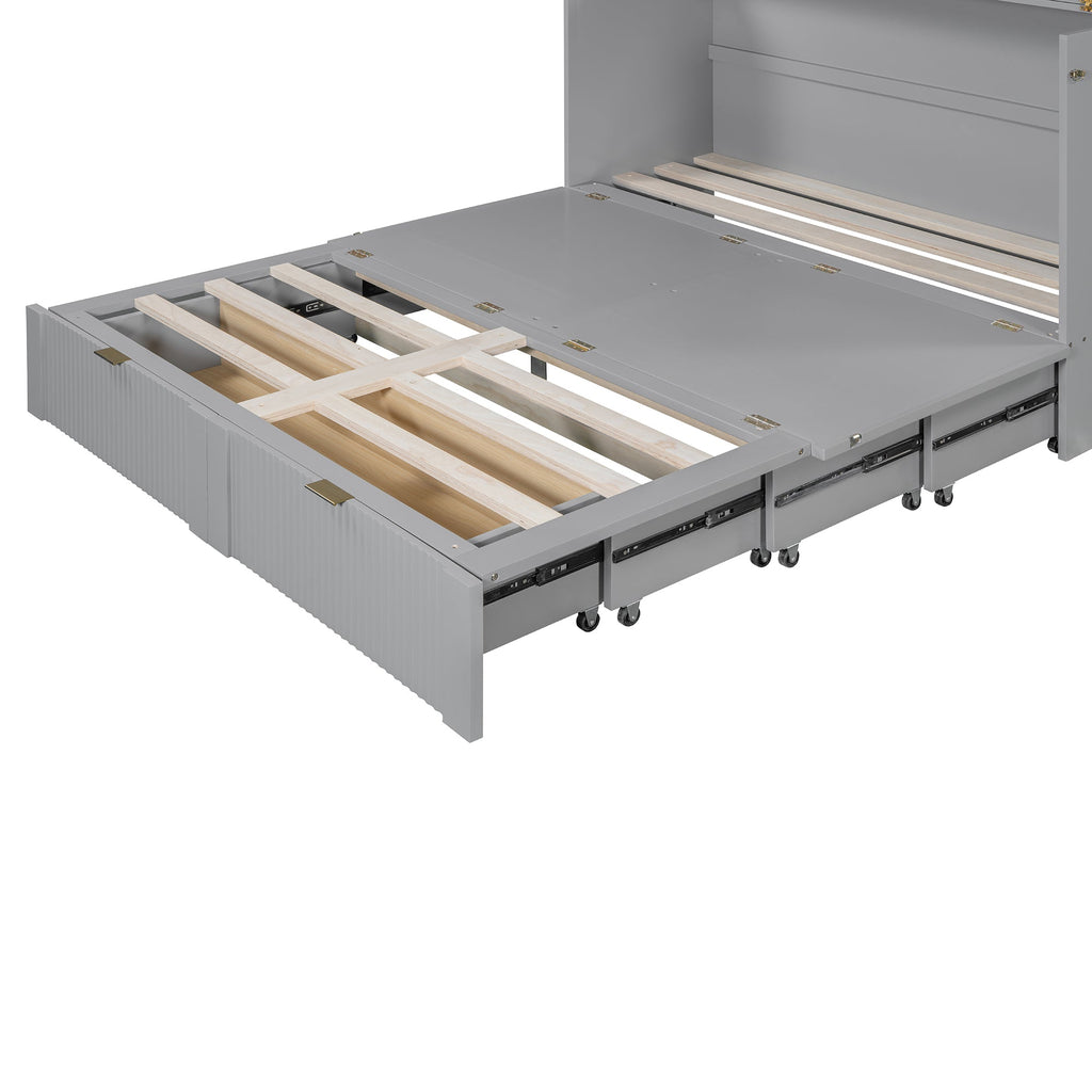 Queen Size Murphy  Bed with drawer and a set of Sockets & USB Ports, Pulley Structure Design, Gray