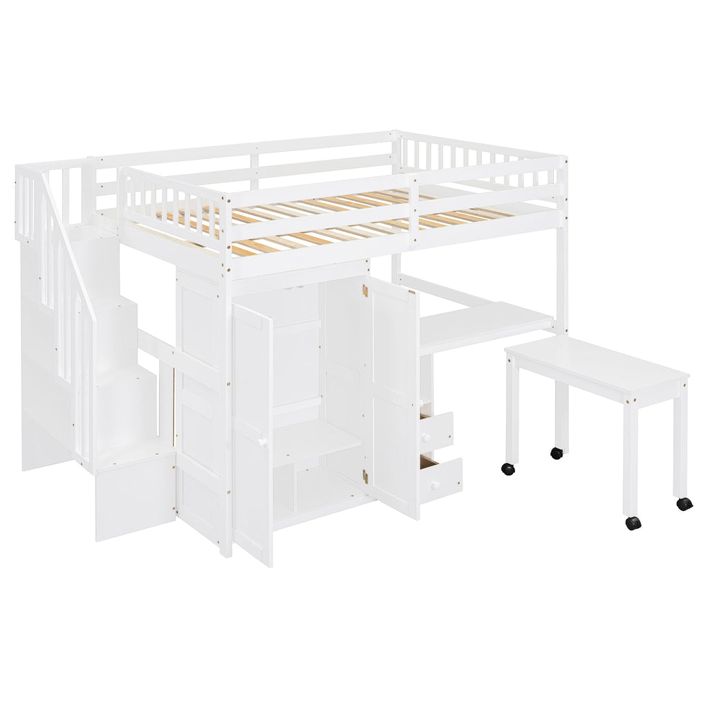 Full Size Loft Bed with Stairs, Bookshelf, Drawers, Desk & Wardrobe – Space-Saving Multifunctional Furniture for Kids & Teens-White