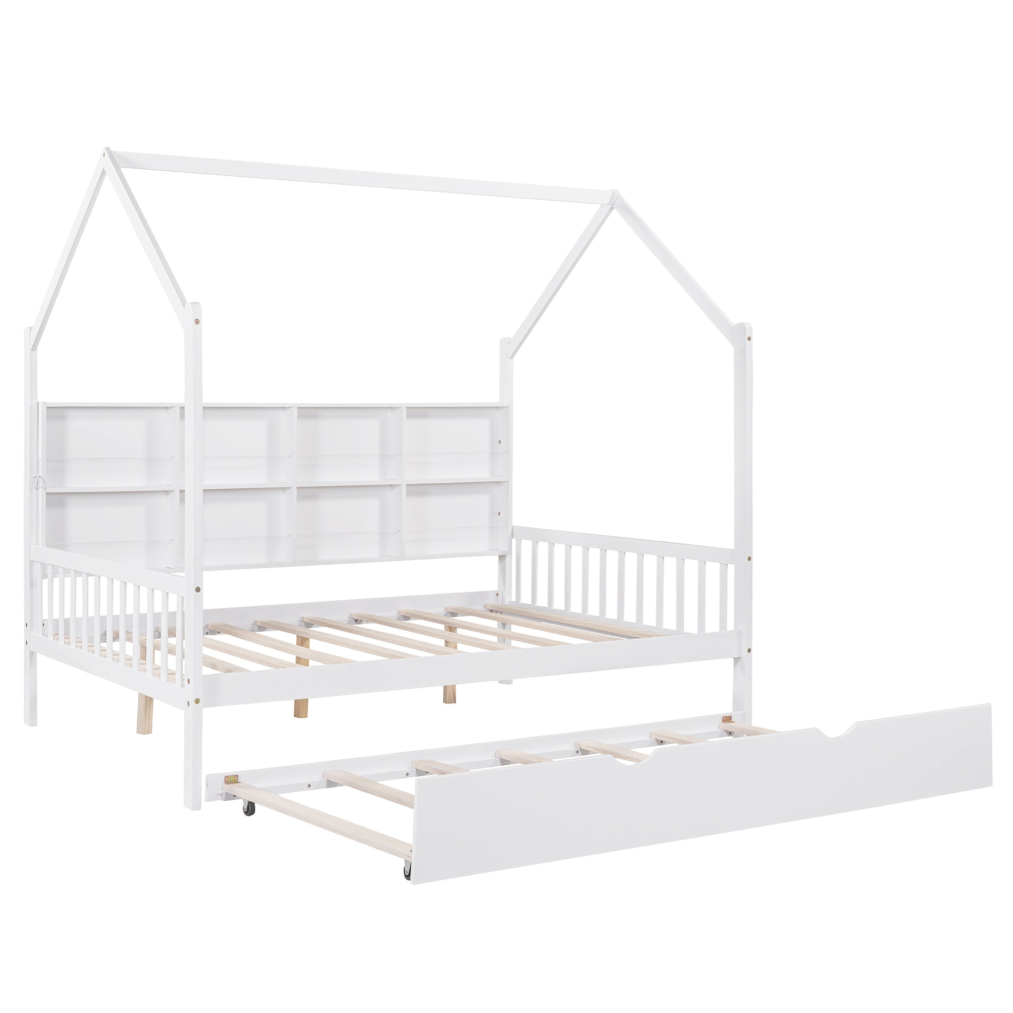 Wooden Full Size House Bed with Trundle,Kids Bed with Shelf, White (Old SKU: WF297070AAK)