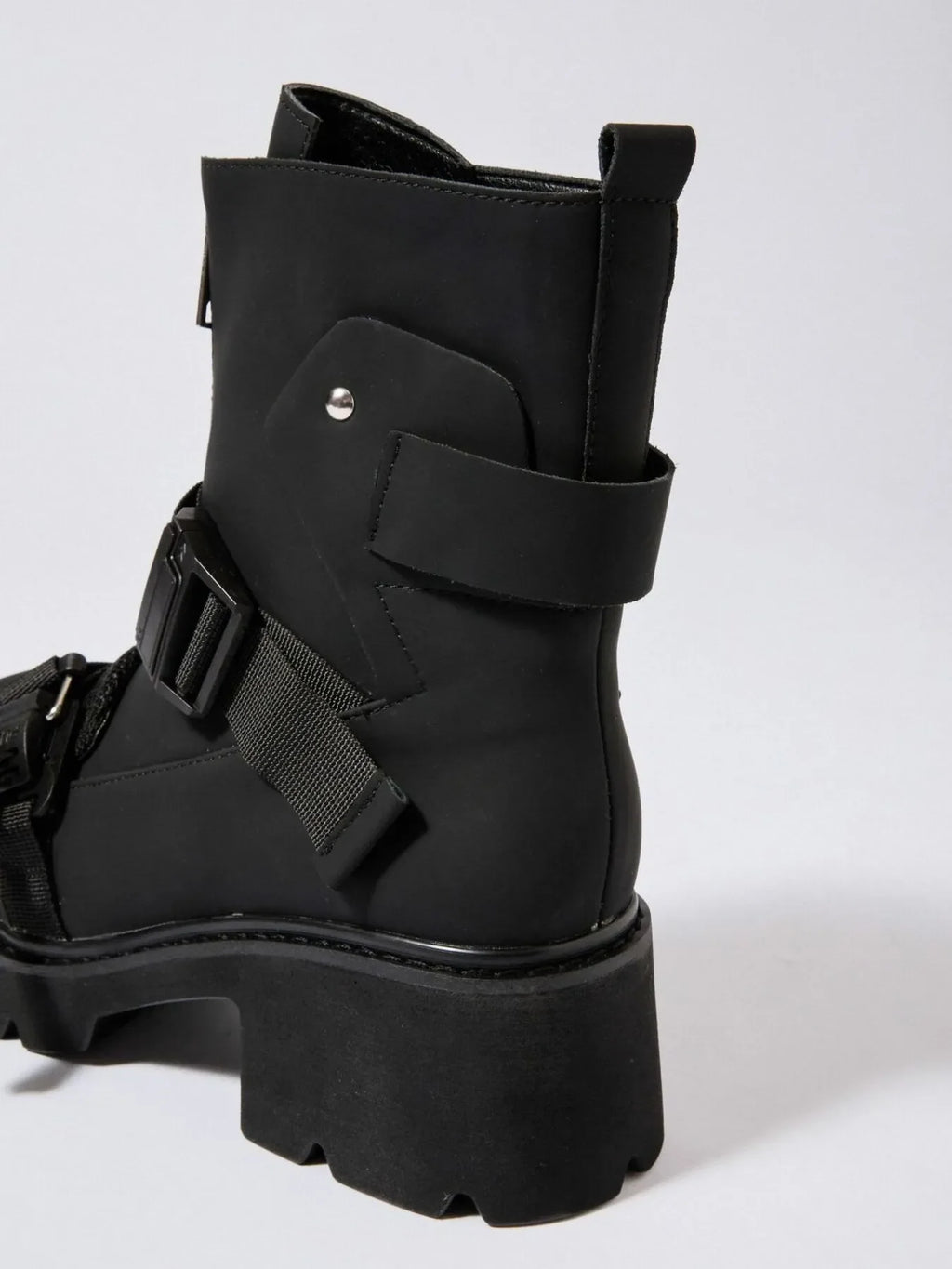 Chunky Platform Boots with Buckle Straps and Front Zip