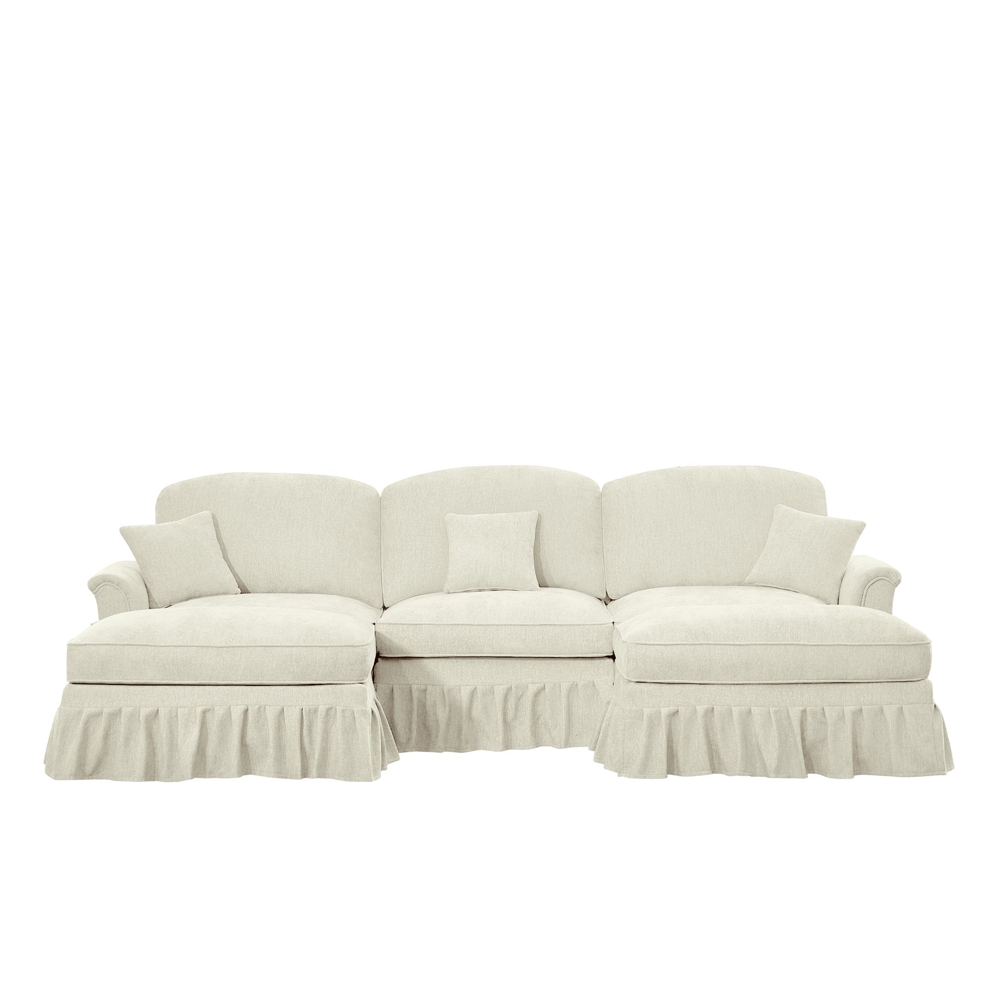Classic Comfy Modular U Shape Sectional Sofa Couch with Flared Arms and Removable Ruffles Pleats Skirts and Spindle Legs, Upholstered Chenille Deep Seat Cloud Sofa with Movable Ottomans, Beige White