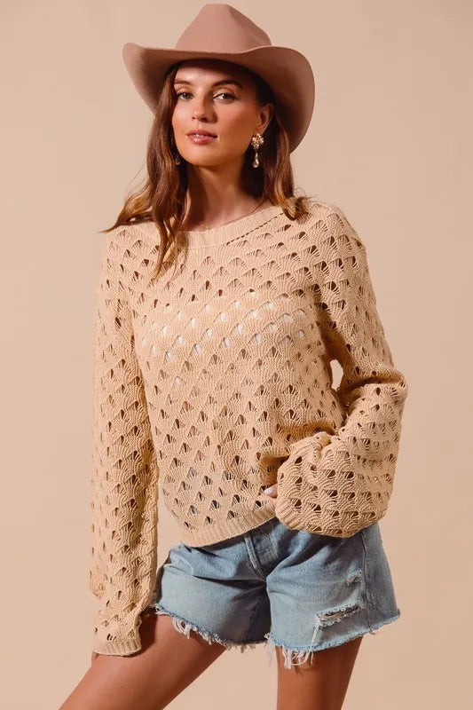 SO ME Geometric Pattern Open Knit Lightweight Sweater