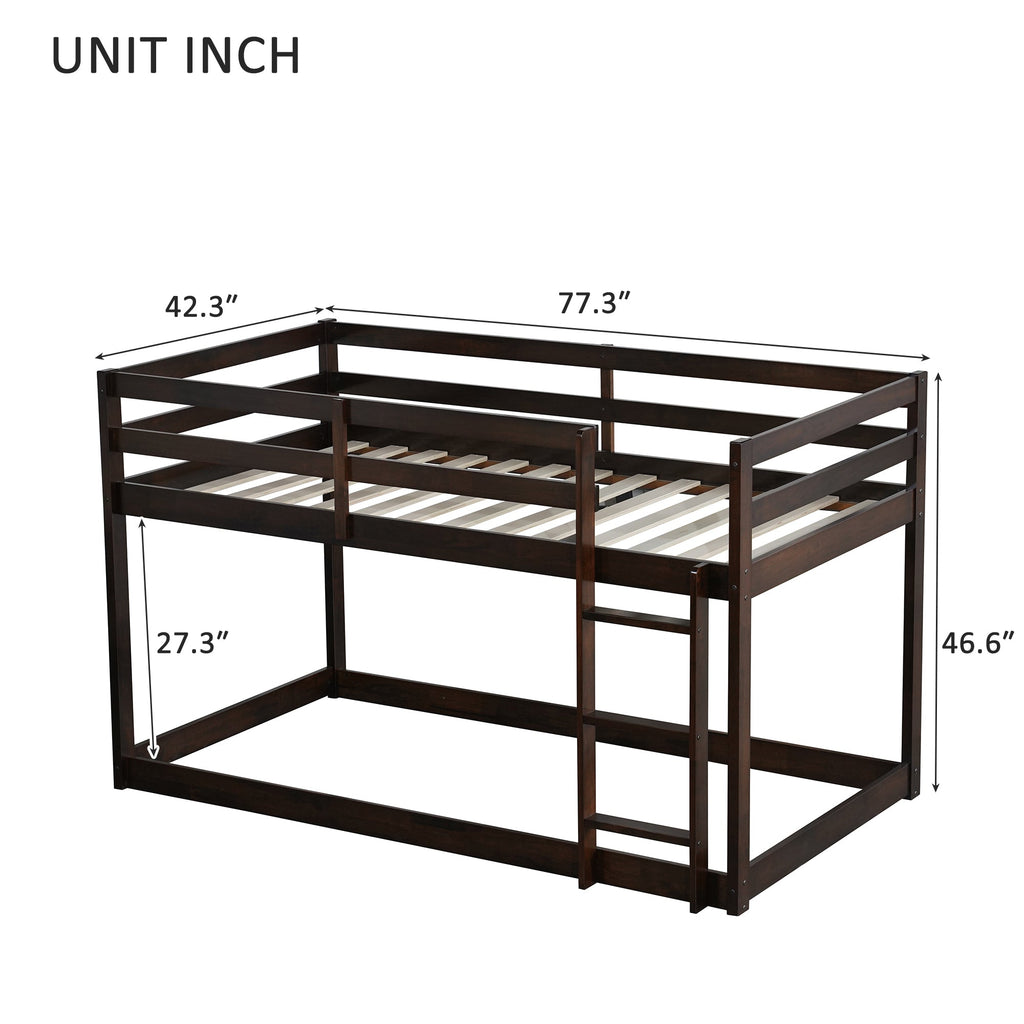 Solid Wooden, Solid Rubber Wooden Twin over Twin Floor Bunk Bed with Ladder, with Bed Platform of Strengthened Slats  , Espresso