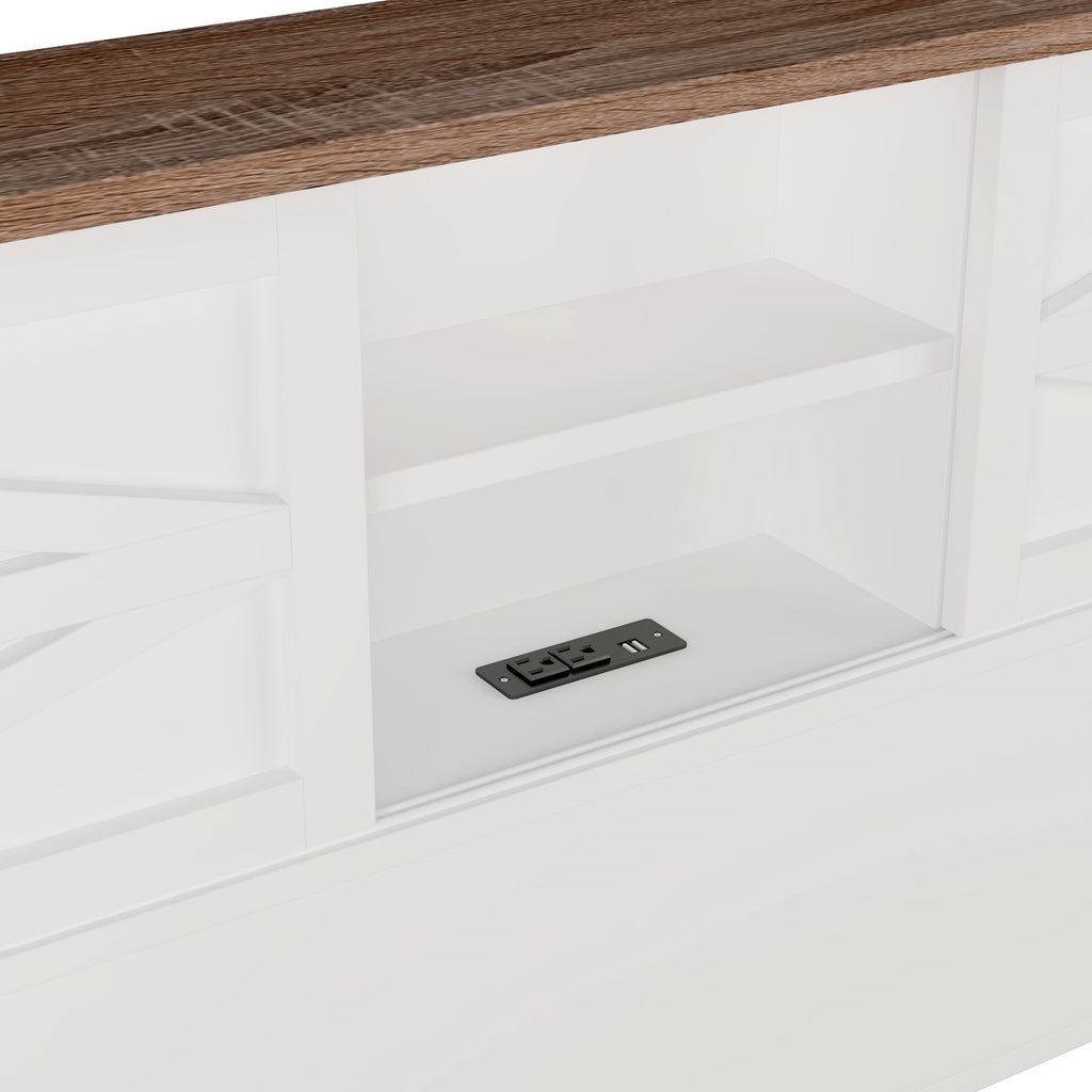 3-Pieces Bedroom Sets Queen Size  Farmhouse Platform Bed with Double Sliding Door Storage Headboard, Storage Nightstand and Dresser, White+Brown(Old SKU HL000092AAK)