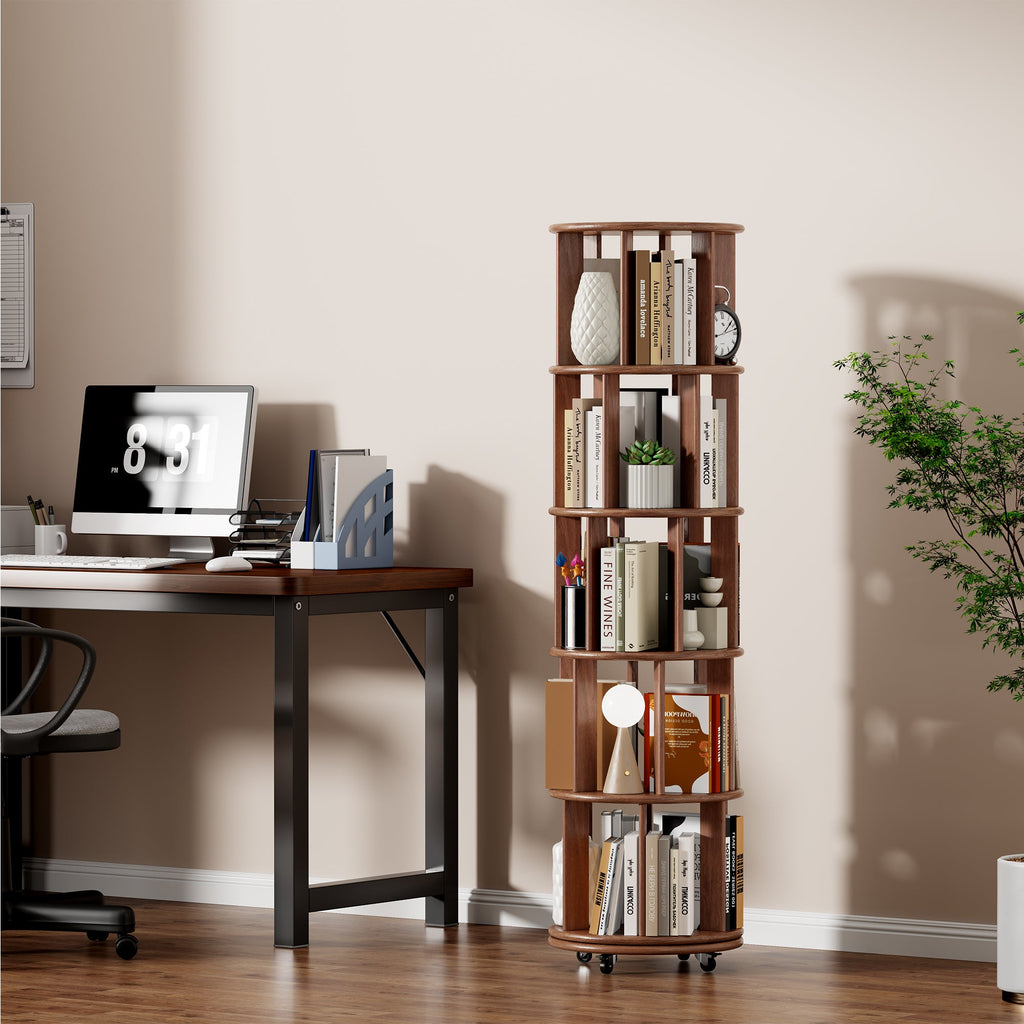 100%Solid Wood Rotating Bookshelf on Wheels,5 Tier, Round Revolving Bookcase, 360° Spinning Book Shelf Tower for Kids, Narrow Rolling Bookshelves for Small Space, Corner, Bedroom, Office, Walnut