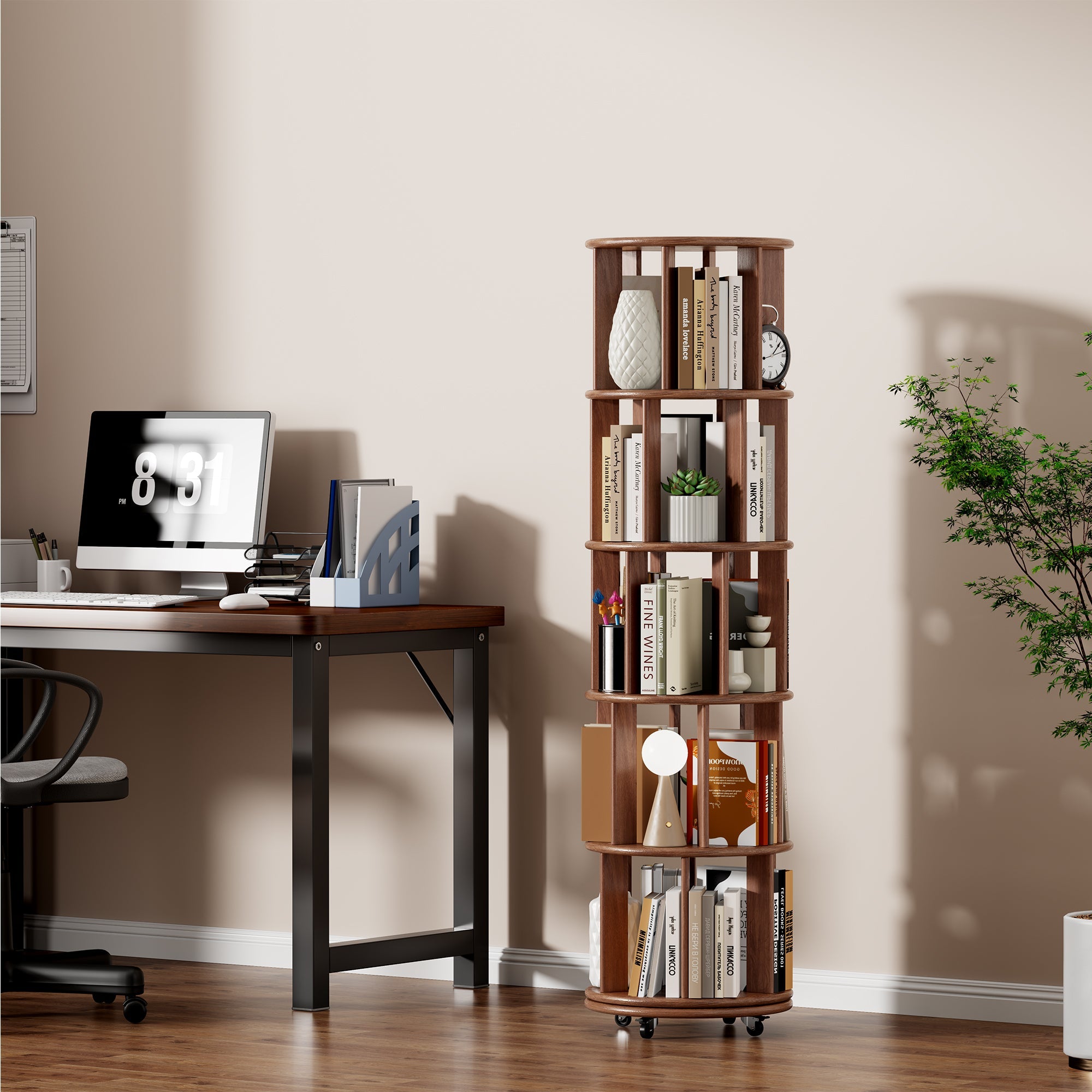 100%Solid Wood Rotating Bookshelf on Wheels,5 Tier, Round Revolving Bookcase, 360° Spinning Book Shelf Tower for Kids, Narrow Rolling Bookshelves for Small Space, Corner, Bedroom, Office, Walnut