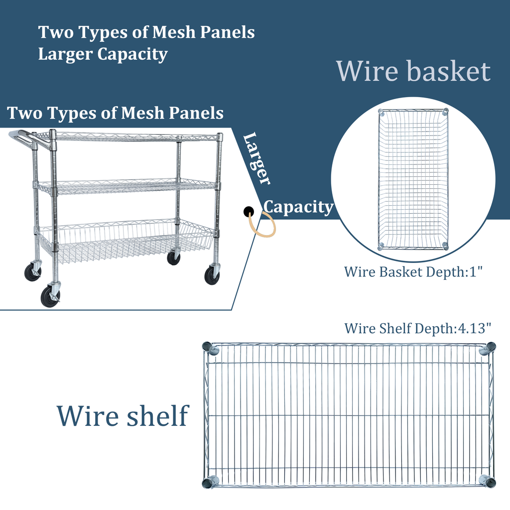 Heavy Duty Rolling Utility Cart,3 Tier Rolling Carts with Wheels,with Handle Bar & Shelf Liners,36'x18'x32'Storage Cart for Kitchen,Restaurant,Plant Display,Chrome