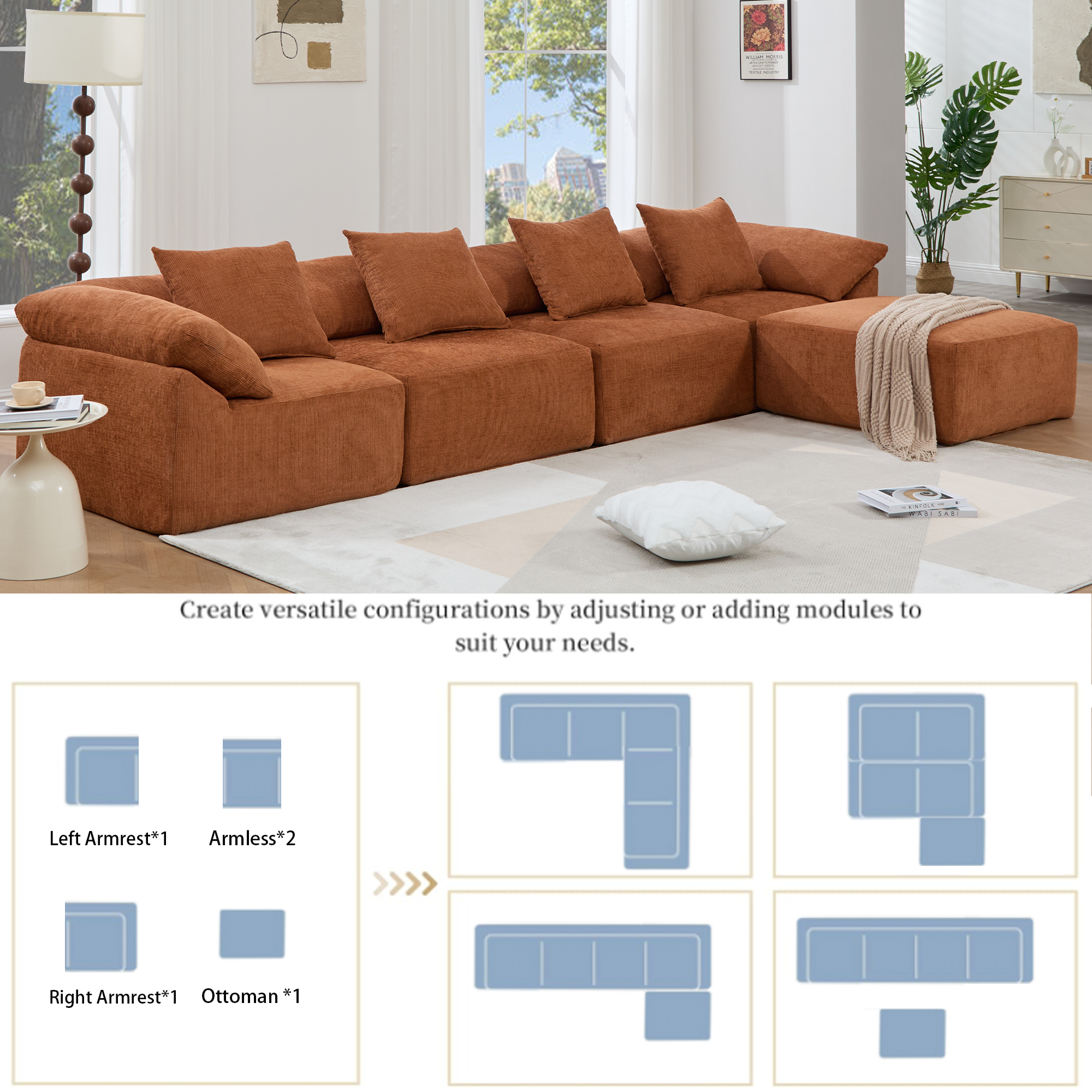 142' L Shaped Modular Sectional Sofa,No Assembly,5 Piece Couch, Convertible Sleeper Couch,Full-Compressed Couch,Free-Combined Couches,5 Seat & Ottoman,Chenille,Orange