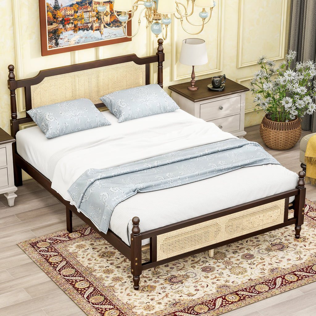 Queen Pine wooden Bed with Rattan Headboard  and Footboard, with  Central Enhanced Bed Platform ,Espresso