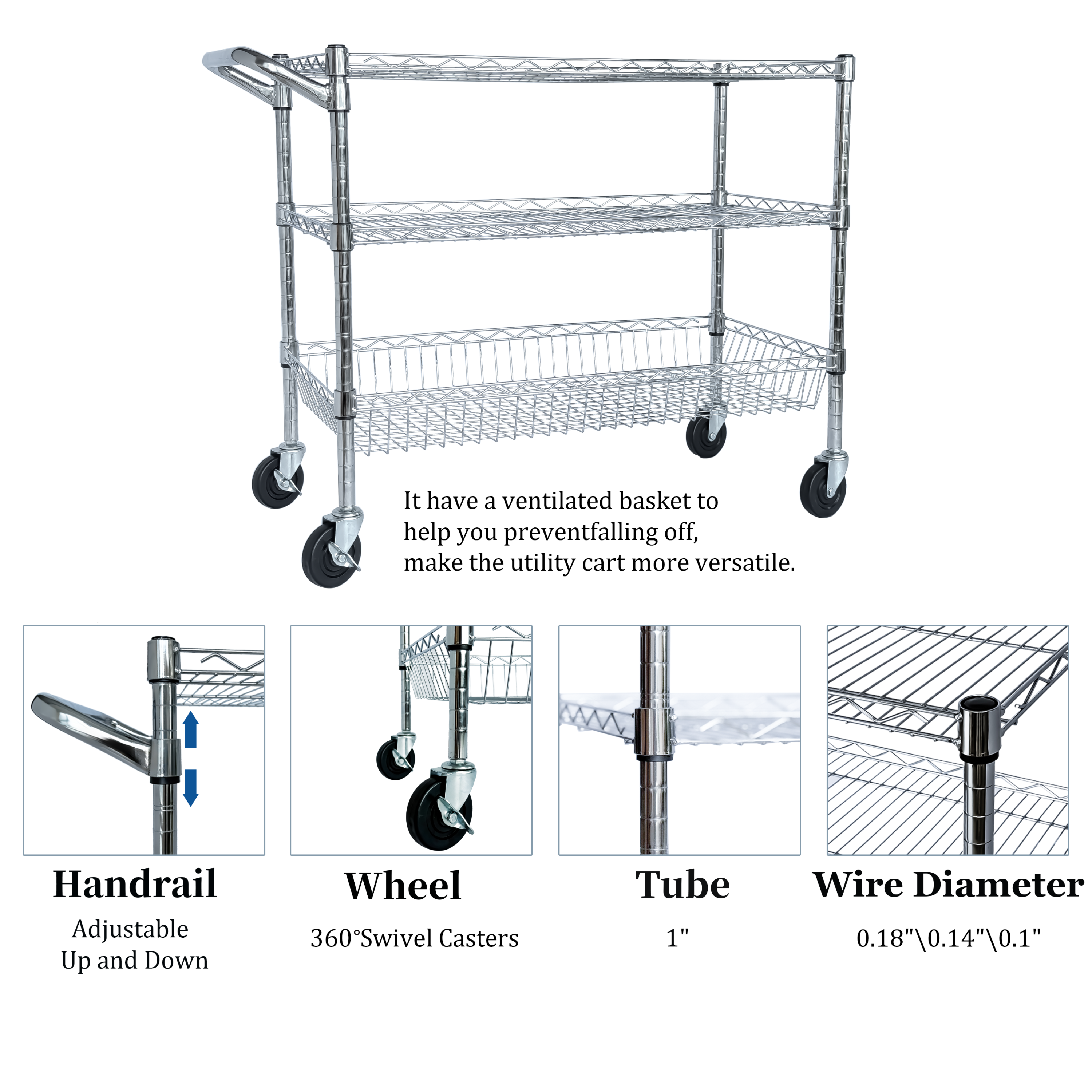 Heavy Duty Rolling Utility Cart,3 Tier Rolling Carts with Wheels,with Handle Bar & Shelf Liners,36'x18'x32'Storage Cart for Kitchen,Restaurant,Plant Display,Chrome