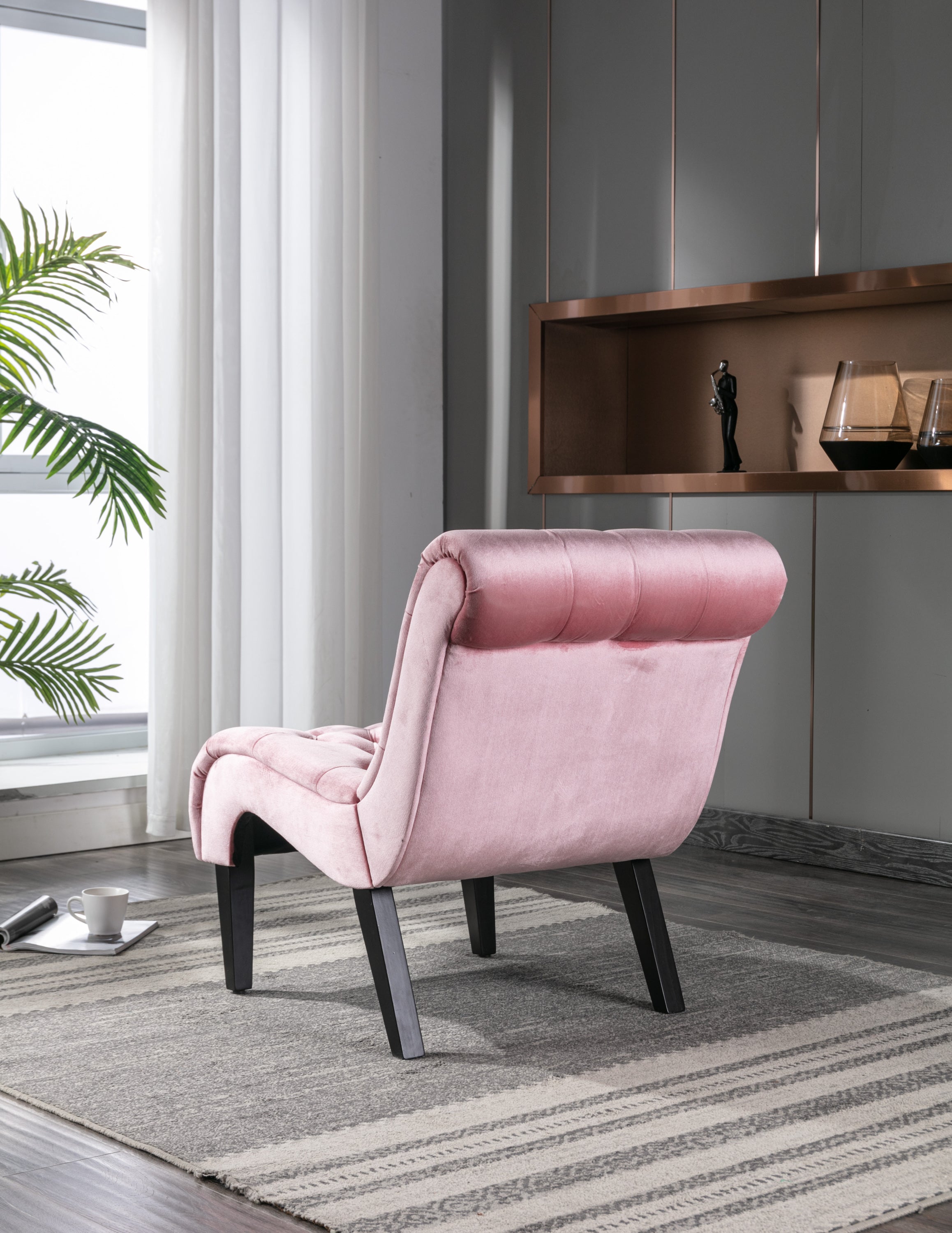 COOLMORE Modern Velvet Armless Accent Living Room Chair / Leisure Chair,Upholstered Fabric Button Comfortable Chair with Wooden Legs for Bedroom, Living Room, Office (Pink Velvet)