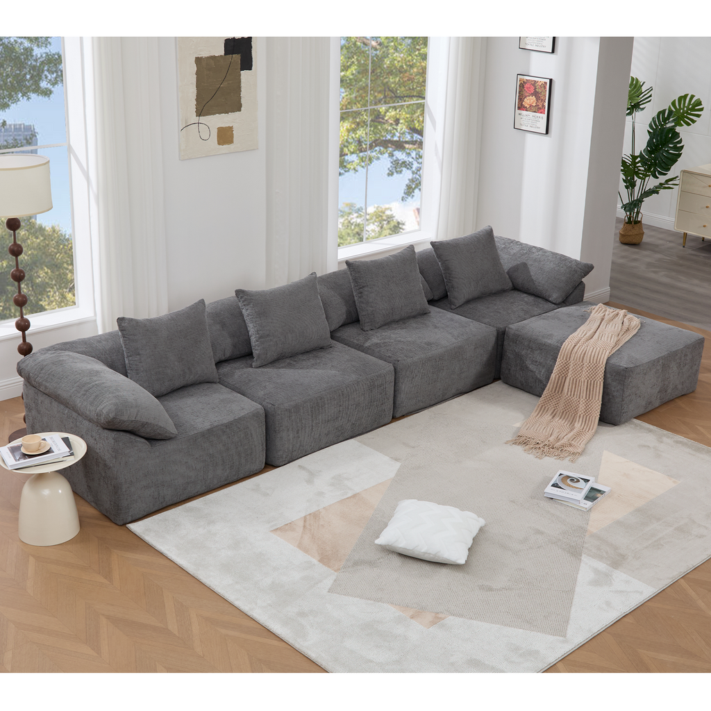 142' L Shaped Modular Sectional Sofa,No Assembly,5 Piece Couch, Convertible Sleeper Couch,Full-Compressed Couch,Free-Combined Couches,5 Seat & Ottoman,Chenille,Gray